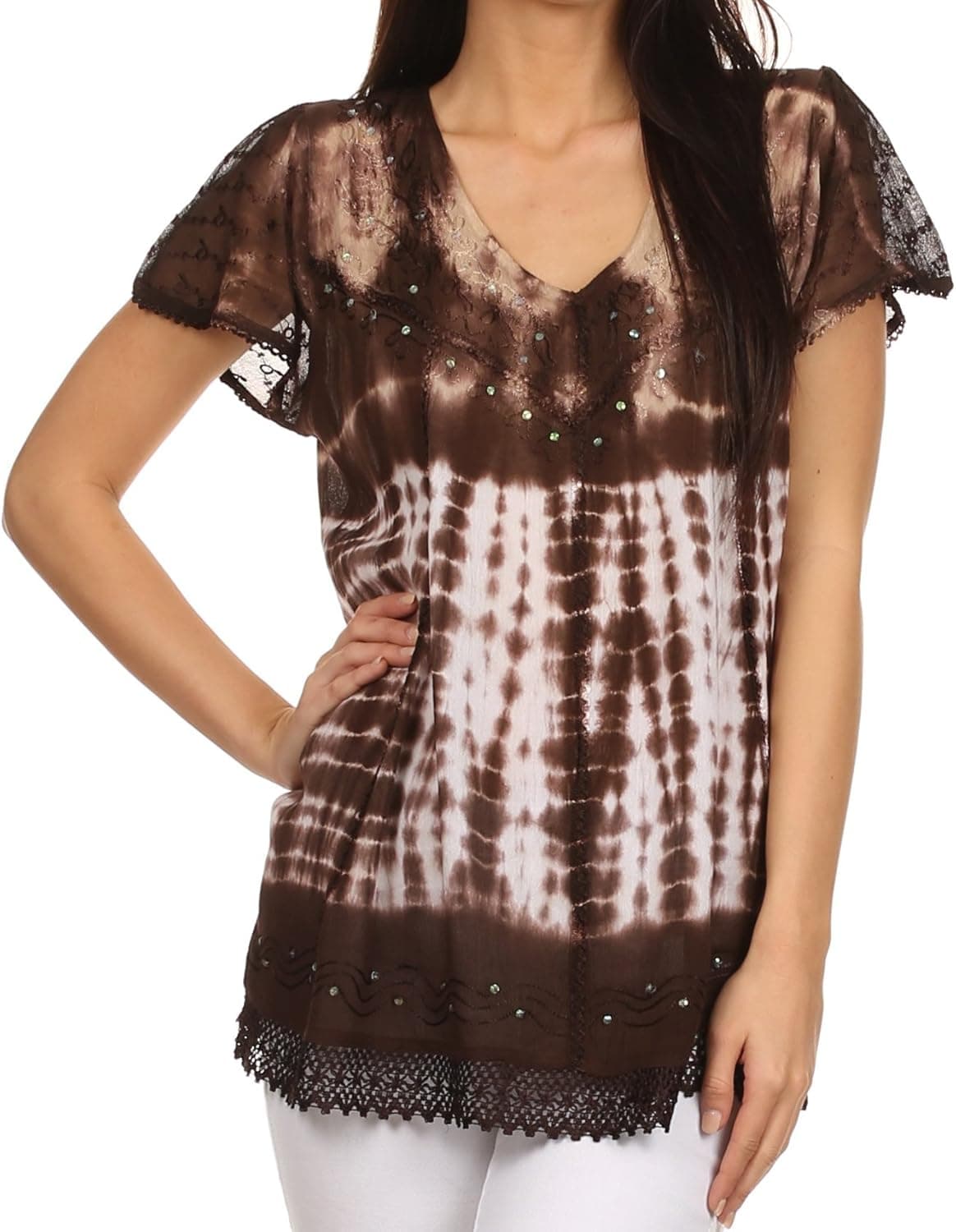 Sakkas Violet Embroidery Tie Dye Sequin Accents Blouse/Top