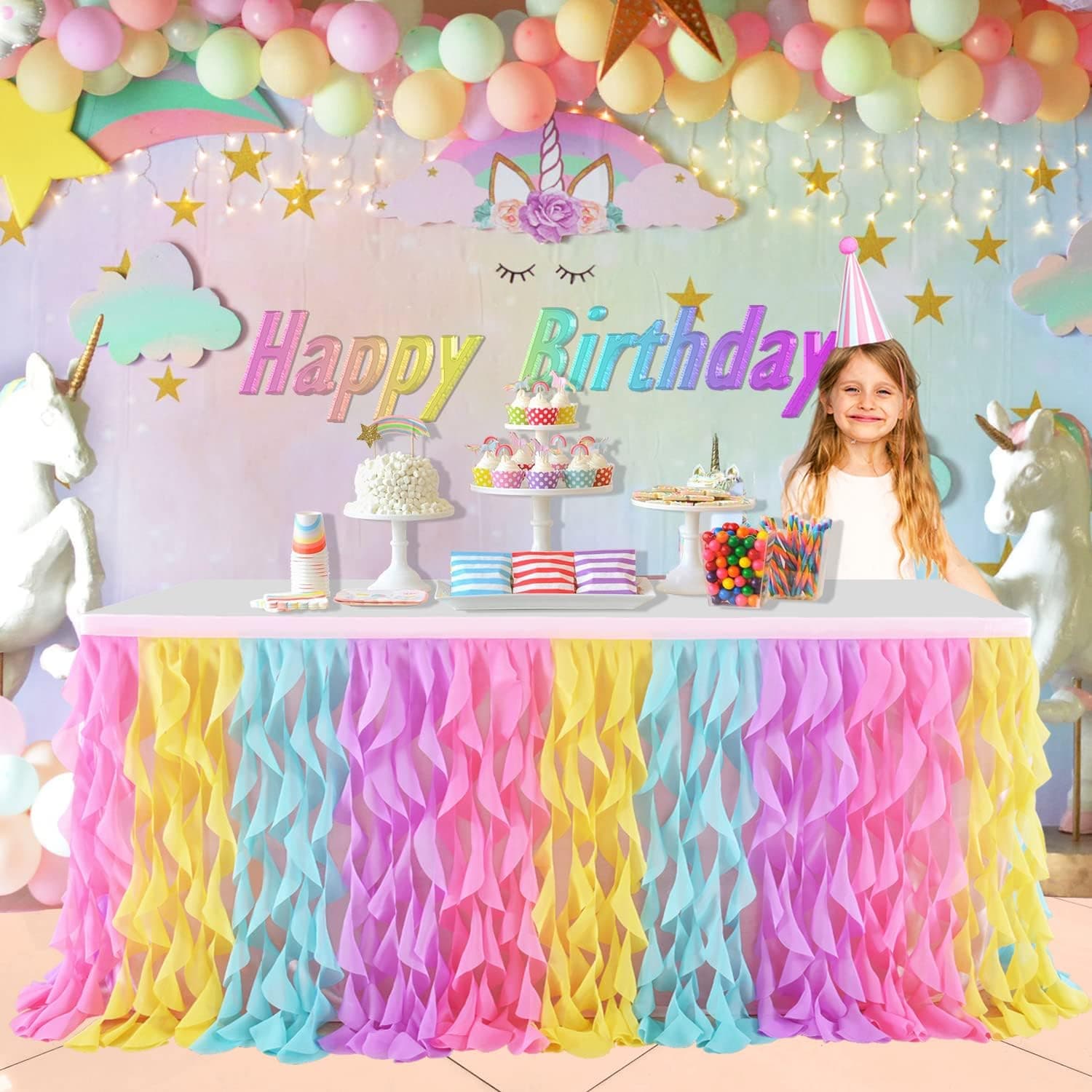 Tutu Tulle Table Skirt 9ft, Rainbow Ruffle Table Skirt for Birthday Party,Curly Willow Table Skirt for Unicorn Party,Mermaid Party