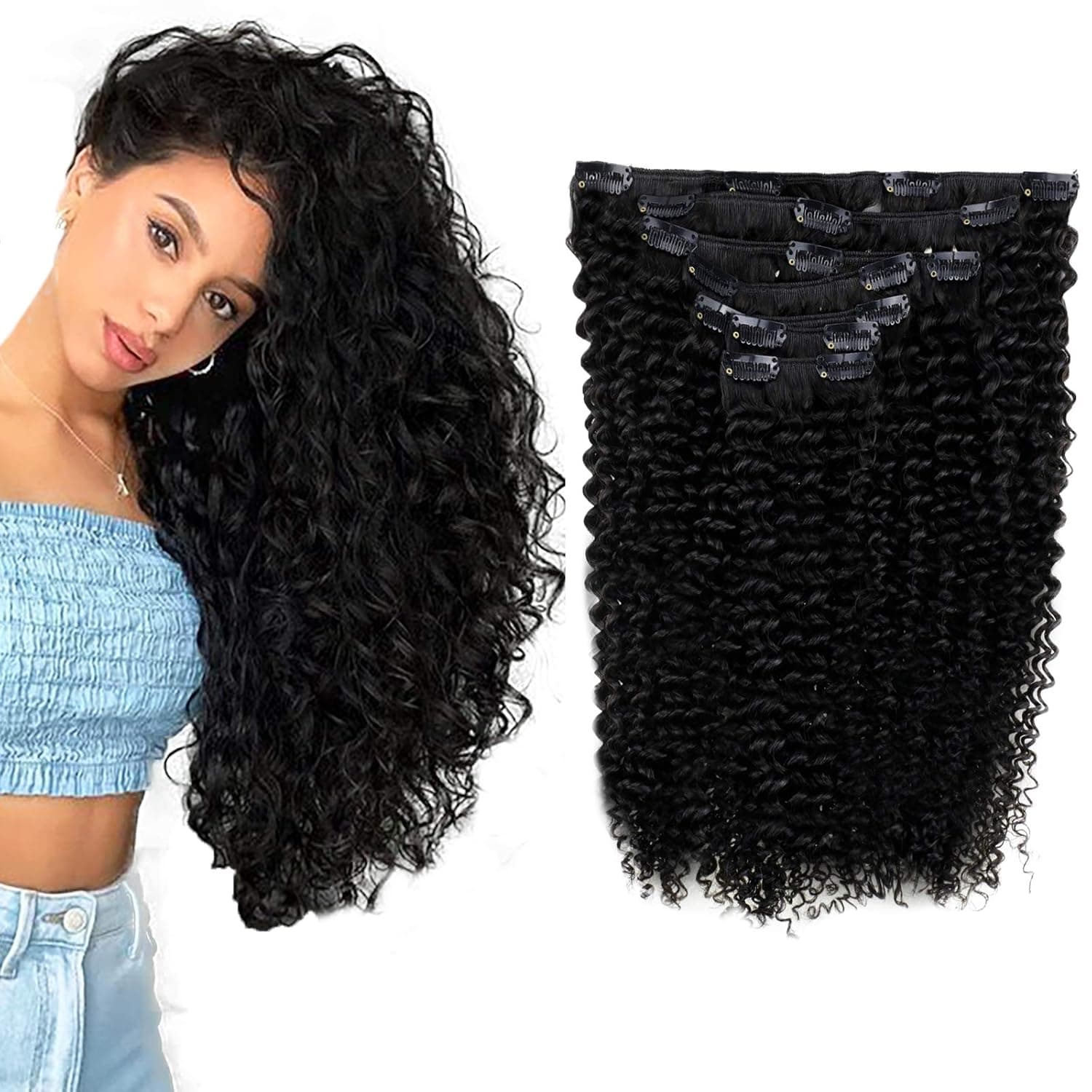 Full Shine Clip in Hair Extensions Kinky Curly 16 Inch Brazilian Hair Clip ins for African Women 100 Gram 7 Pieces Real Hair Extensions Clip in Human Hair