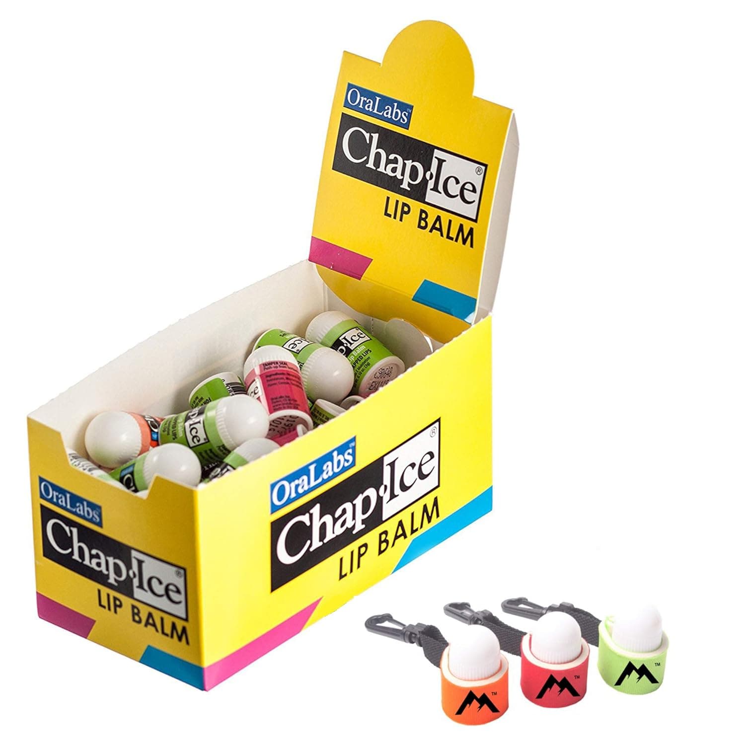 Chap-Ice | mini lip balm assorted flavors - 50 count | Bundle with | mini neoprene sleeve, lip balm holder with swivel clip - 3 pack by Mile High Online (4 items)