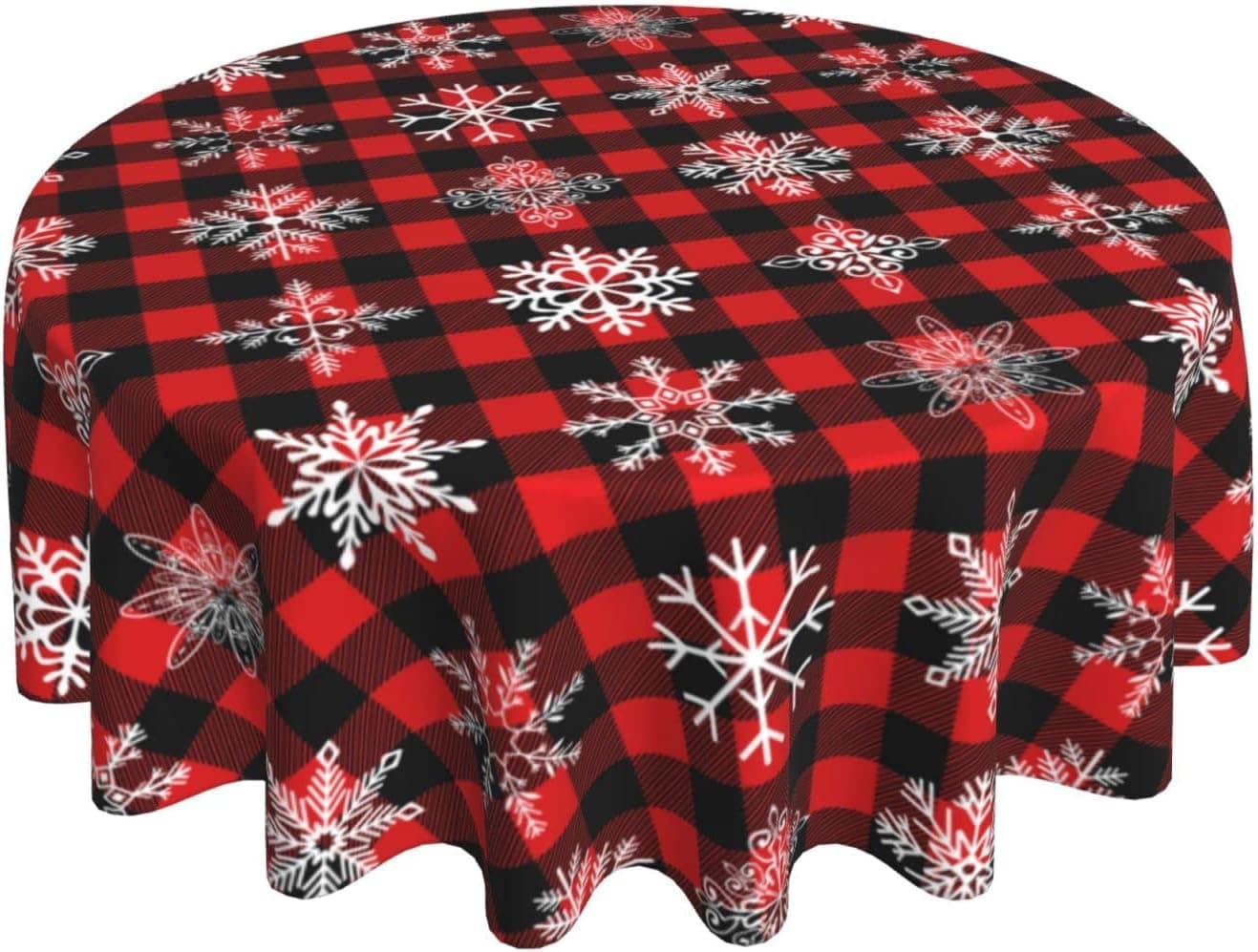 QTnKoMC Christmas Red Plaid Snowflakes Round Tablecloth Tables Dining Cover Wrinkle Resistant Spill-Proof & Oil-Proof Tabletop Cloth for Kitchen Table Holiday Party Decorations Diameter 60in (152cm)