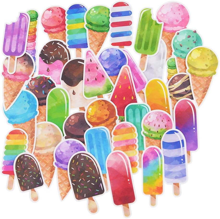 Yummy Bun Waterproof Laptop Stickers Ice Cream for Water Bottles, Teen Girls, Women, Summer Beach Theme Watercolor Stickers Decals for Summer Party Decor, Scrapbook, Journal, Planner-39pcs