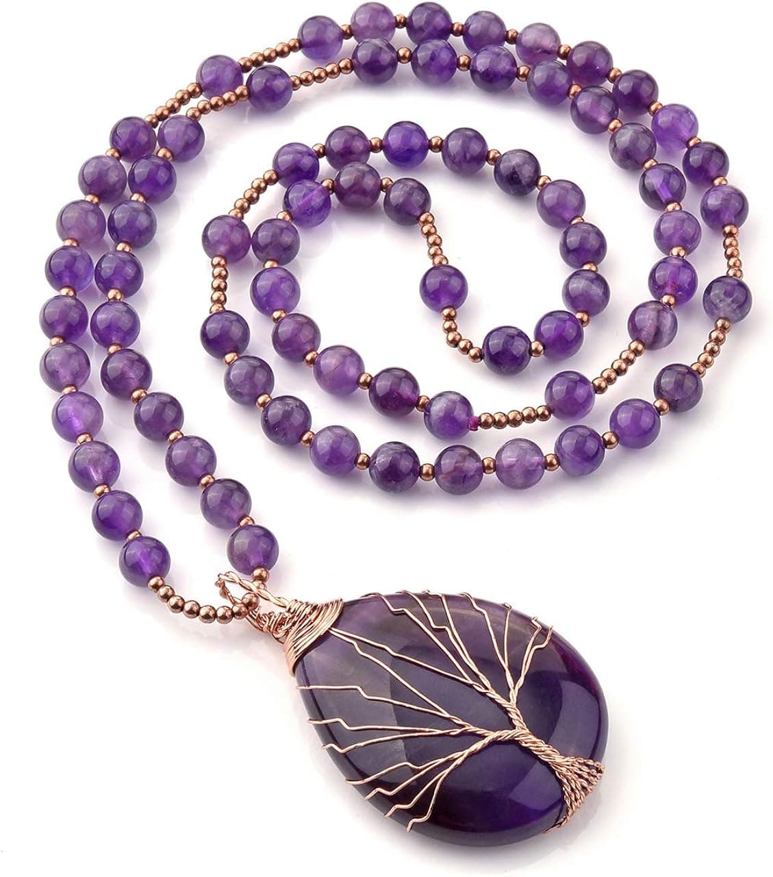 Top Plaza Natural Stone Beads Healing Crystal Necklace Tree of Life Wire Wrapped Teardrop Gemstone Pendant Jewelry for Womens Girls Mother