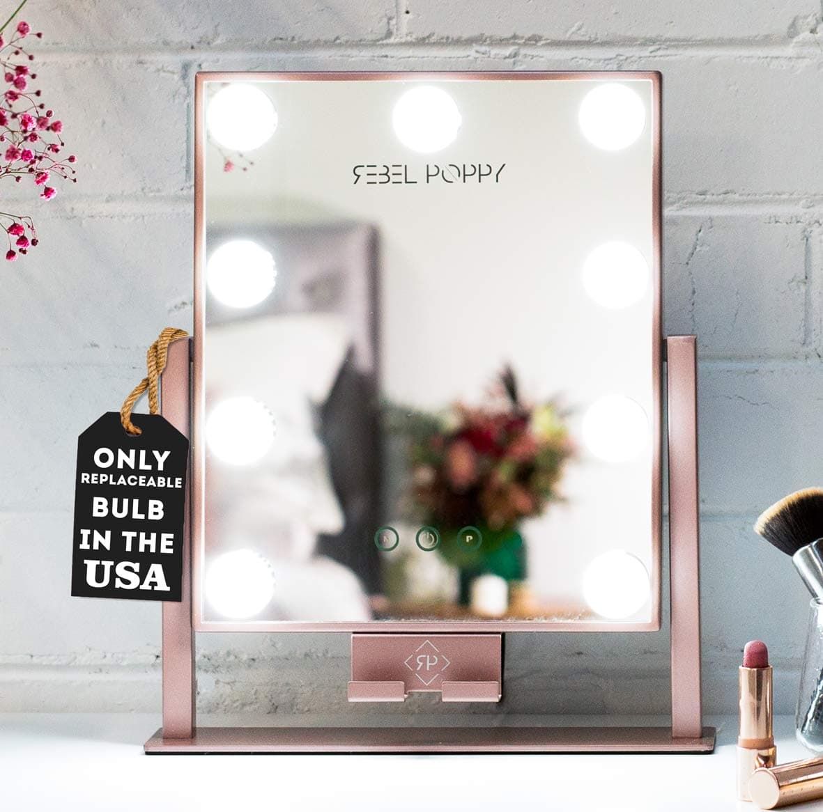 Rebel Poppy Lighted Vanity Makeup Mirror with LED Lights and Phone Mount, 3 Lighting Touch Control, 14.5” x 12” - Counter Top Mirrors - Mini (Rose Gold)