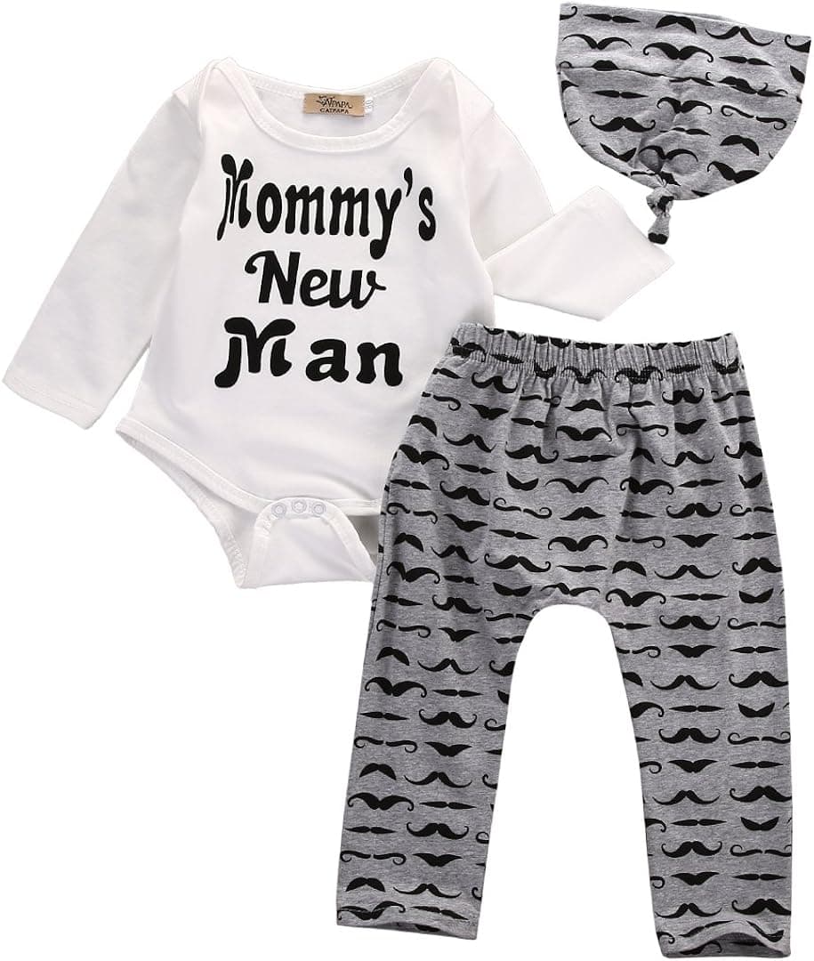 3Pcs Newborn Baby Boy Clothes Mommy's New Man Romper Bodysuit Tops+Moustache Pants+Hat Fall Outfits Set (Long Sleeve, 0-3 M)