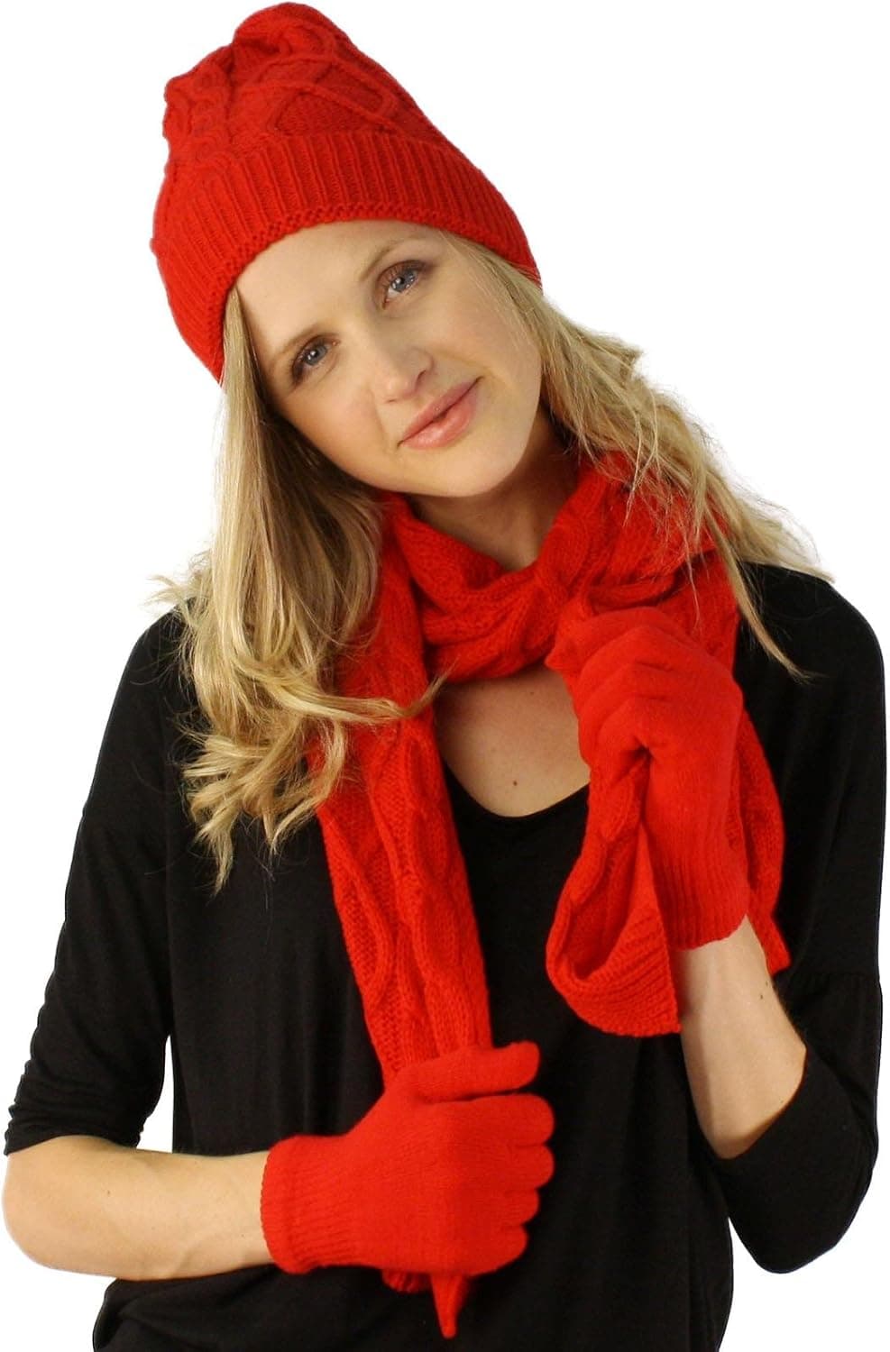 Ladies 3pc Winter Soft Cable Knit Beanie Skull Hat Long Scarf Gloves Set Red