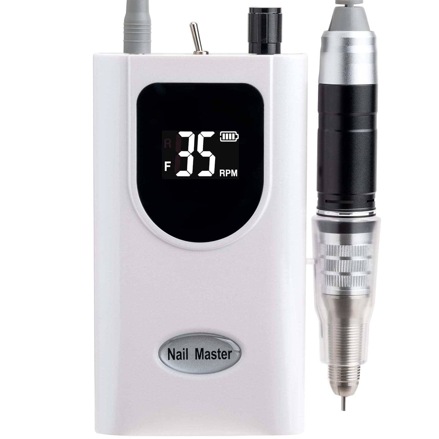 Delanie Professional Nail Drill for Acrylic Nails, High Torque 35,000 RPM Rechargeable Electric Nail File for Acrylic Nails, 2,000mAh Battery, LCD Display, High Speed, Low Heat, Low Vibration White