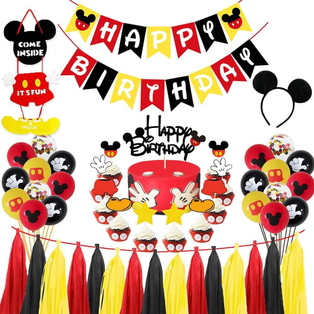 Mouse Birthday Party Supplies Decorations, Mickey Happy Birthday Cake Cupcake Topper Banner, Mickey Welcome Sign Door Hanger, Mickey Ears Headband Balloons for Boy 1st 2nd 3rd 4th 5th 6th Birthday Decorations