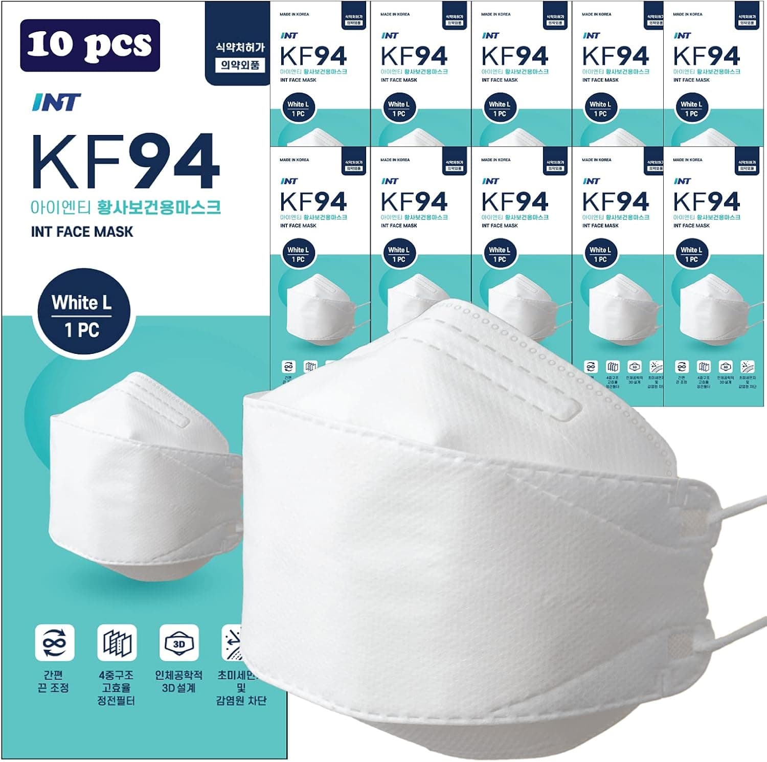INT 【 10 Pack White KF94 Certified ; 4-Layered Face Safety, Adjustable Ear Loops, 3D Ergonomic Design for Easy Breathing, MADE IN KOREA