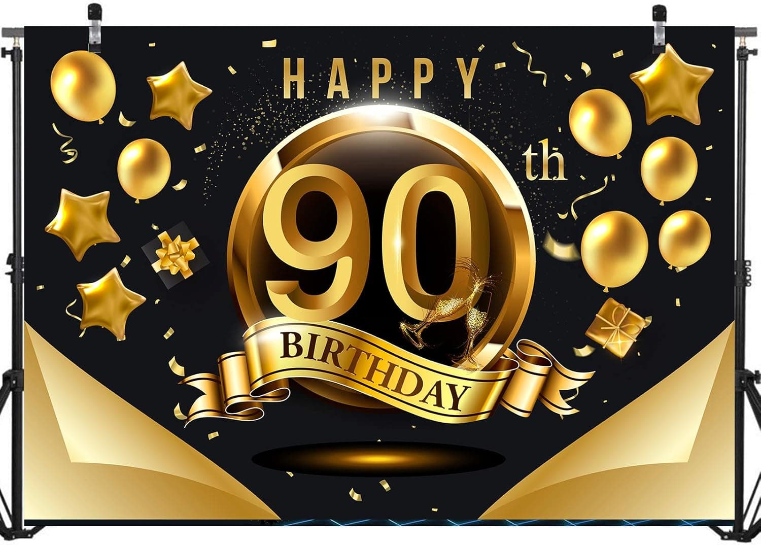 Happy 90th Birthday Backdrop for Men Women | 90 Birthday Backdrop Background Banner 90th Anniversary Backdrop | Happy 90th Birthday Photo Backdrop Banner Wall Decorations Black and Gold 71 x 49 inch