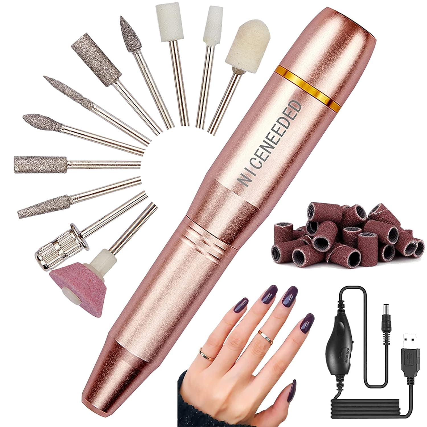 NICENEEDED Electric Nail Drill for Acrylic Gel Nails, 20000 RPM USB Portable Nail Drill Machine Kit, Professional Compact Efile Nail File Kit with 11Pcs Nail Drill Bits and 16Pcs Sanding Bands