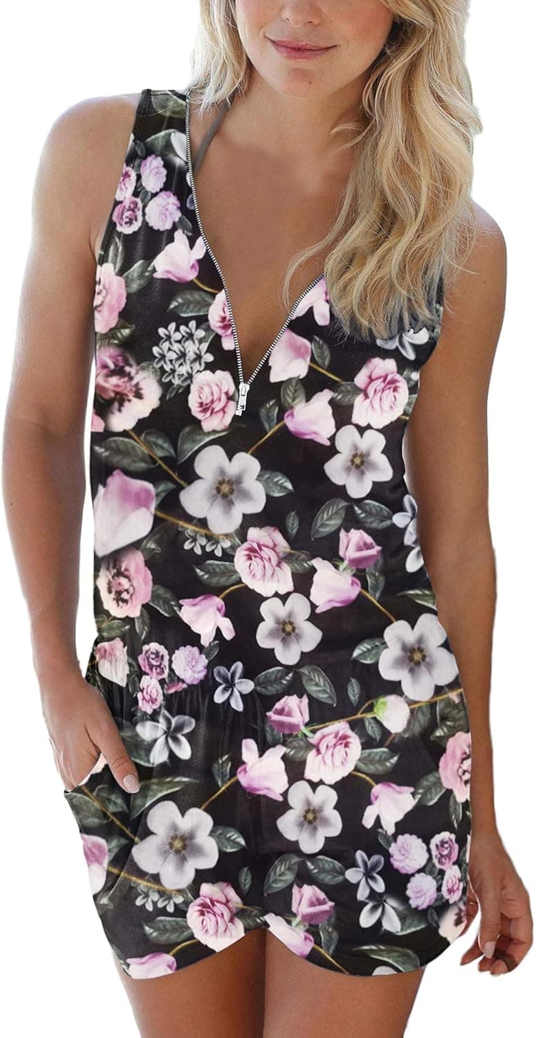 Auxo Women Floral Print Short Romper Sleeveless V Neck Half Zip Cute Short One Piece Jumpsuit Playsuit Jumper Black XL