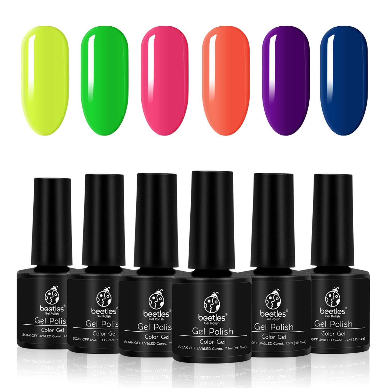 Beetles Magic One Step Neon Gel Nail Polish, 6 Colors Neon Yellow Green Hot Pink Orange Purple Blue Nail Polish UV Led Required Fast Curing Easy Soak Off, No Base and Top Coat Needed