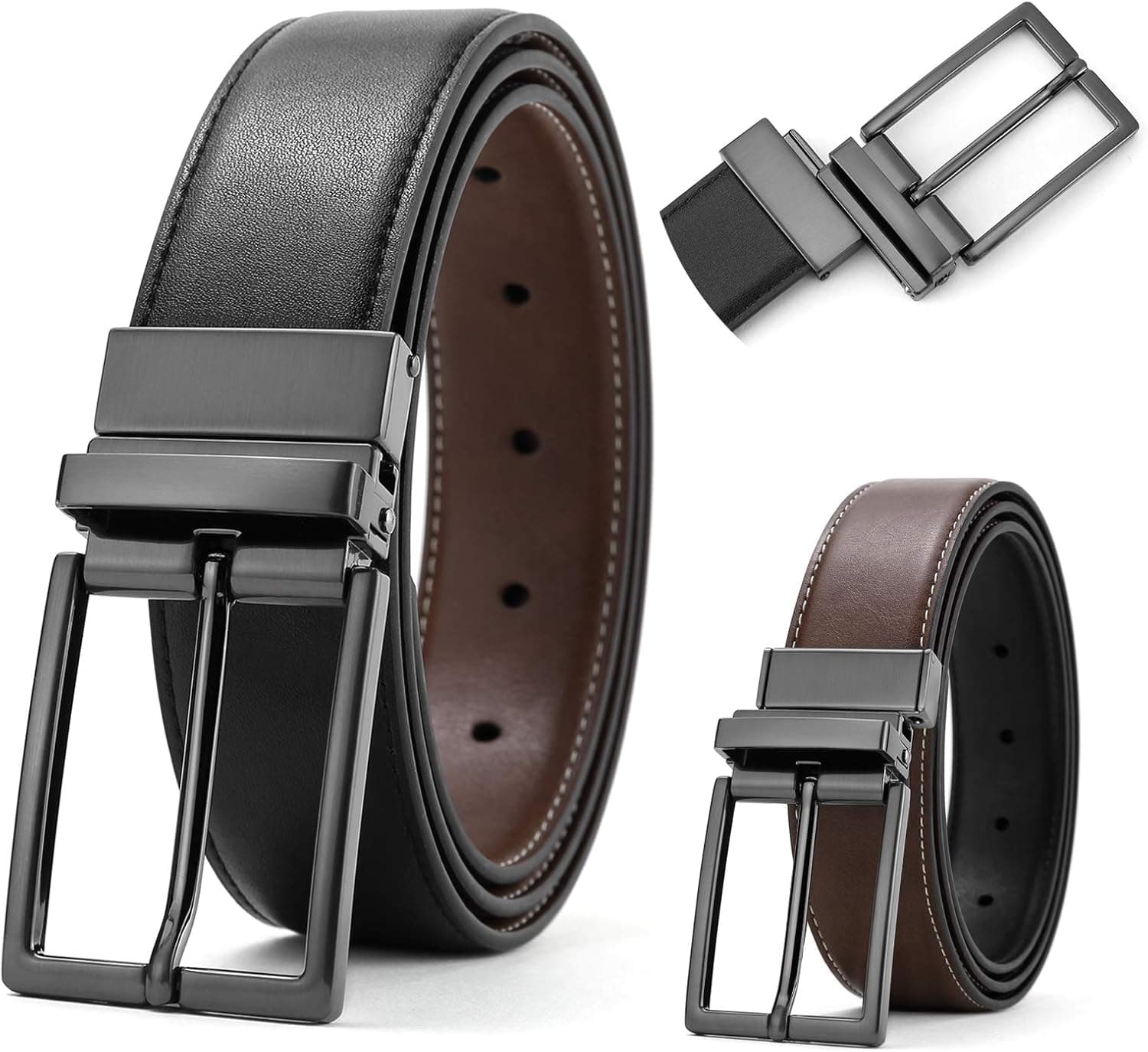 SOPONDER Belts for Men Mens Belts Reversible Designer Dress Belts Reversible Belt Black Rotated Buckle Big and Tall Single Prong Belt 53&54 Waist size