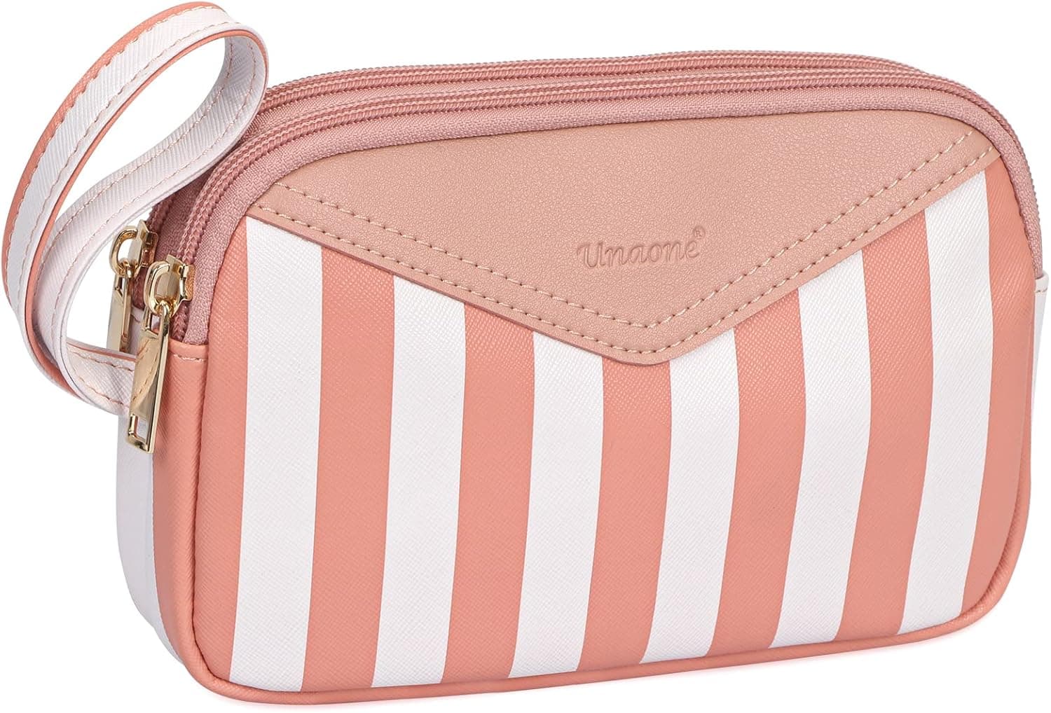 Unaone Travel Makeup Bag for Women Girls, Portable Leather Toiletry Bag & Cosmestic Bag, Lightweight Zipper Makeup Organizer Storage Bag Toiletries Kit with Compartments (Pink)