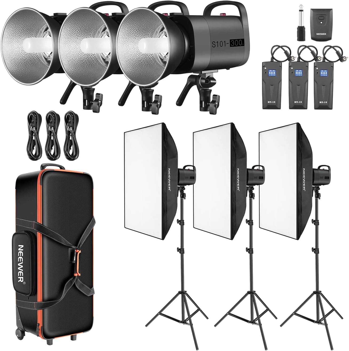 NEEWER Upgraded 900W Studio Strobe Flash Kit: 3xS101 300W Monolight GN58, 3xLight Stand, 3xSoftbox, 1xRT-16 Transmitter, 3xReceiver, 1xTrolley Carry Bag for Portrait Wedding Product Photography