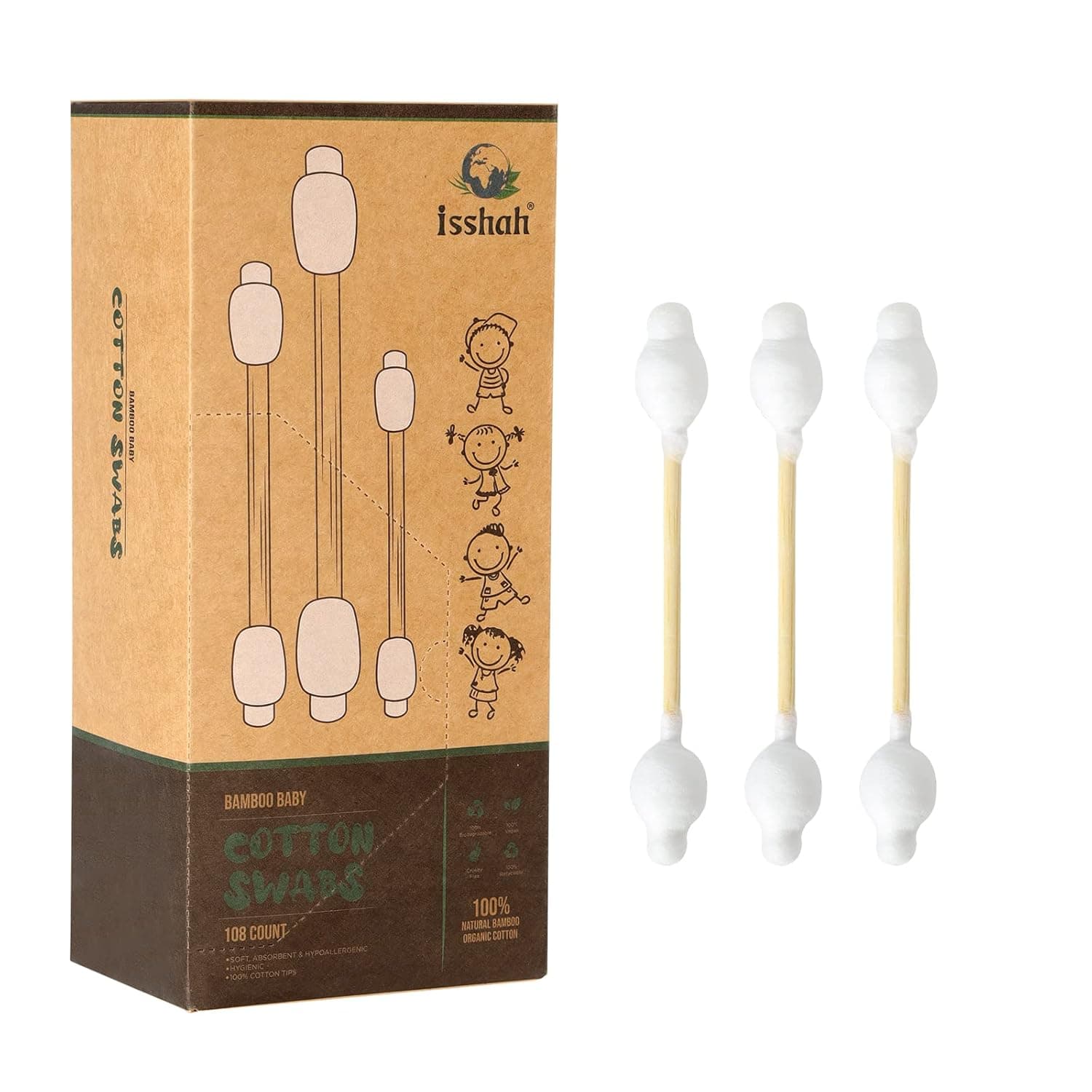Baby Cotton Swabs - 108 Count - Bamboo Handle Cotton Tips, 100% Biodegradable, Gentle, Eco Friendly, Double Tips, Plastic Free Safety Baby Cotton Buds by Isshah