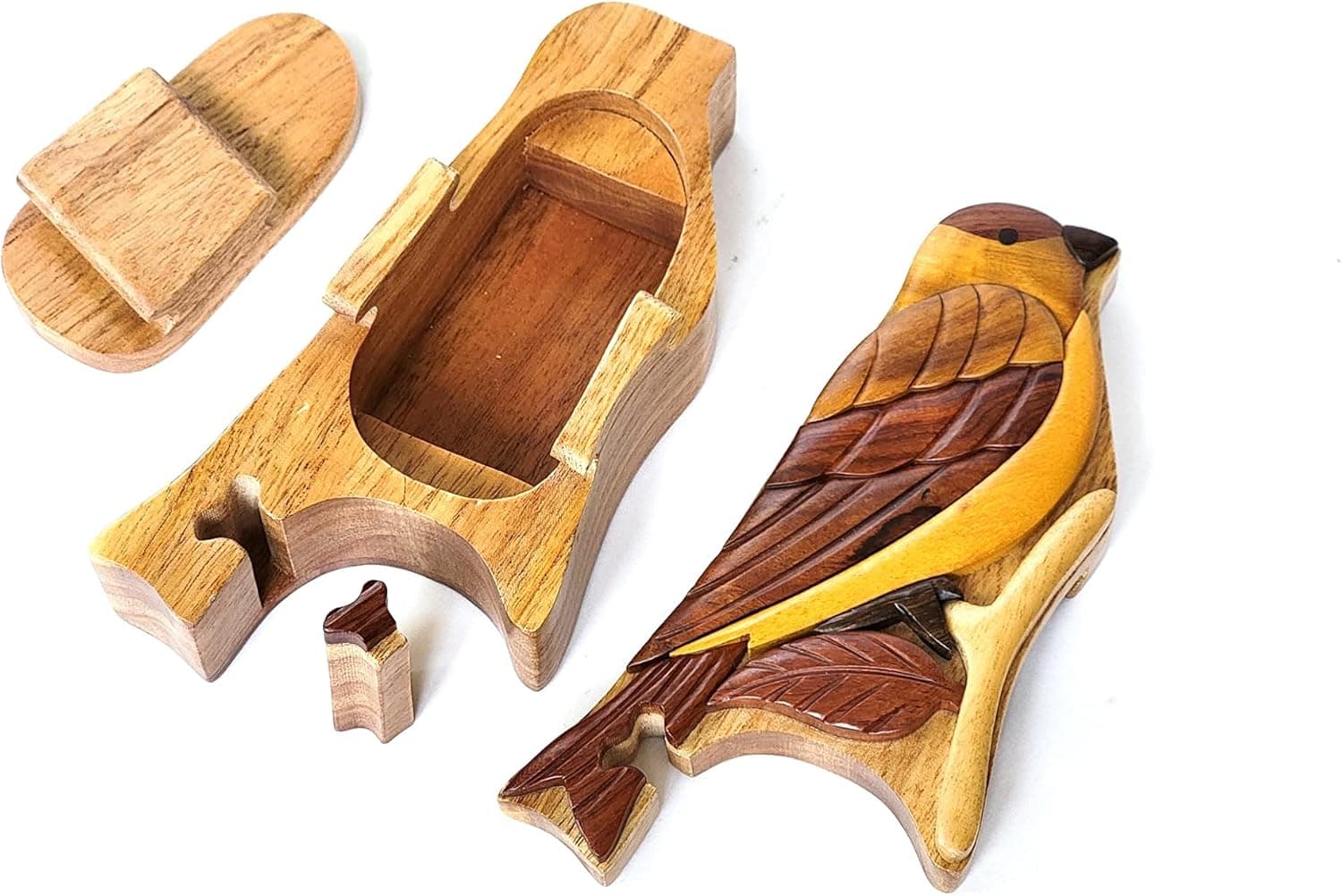 South Asian Handicrafts Goldfinch Bird - Intarsia Wood Puzzle Box - Handcrafted with Secret Compartment