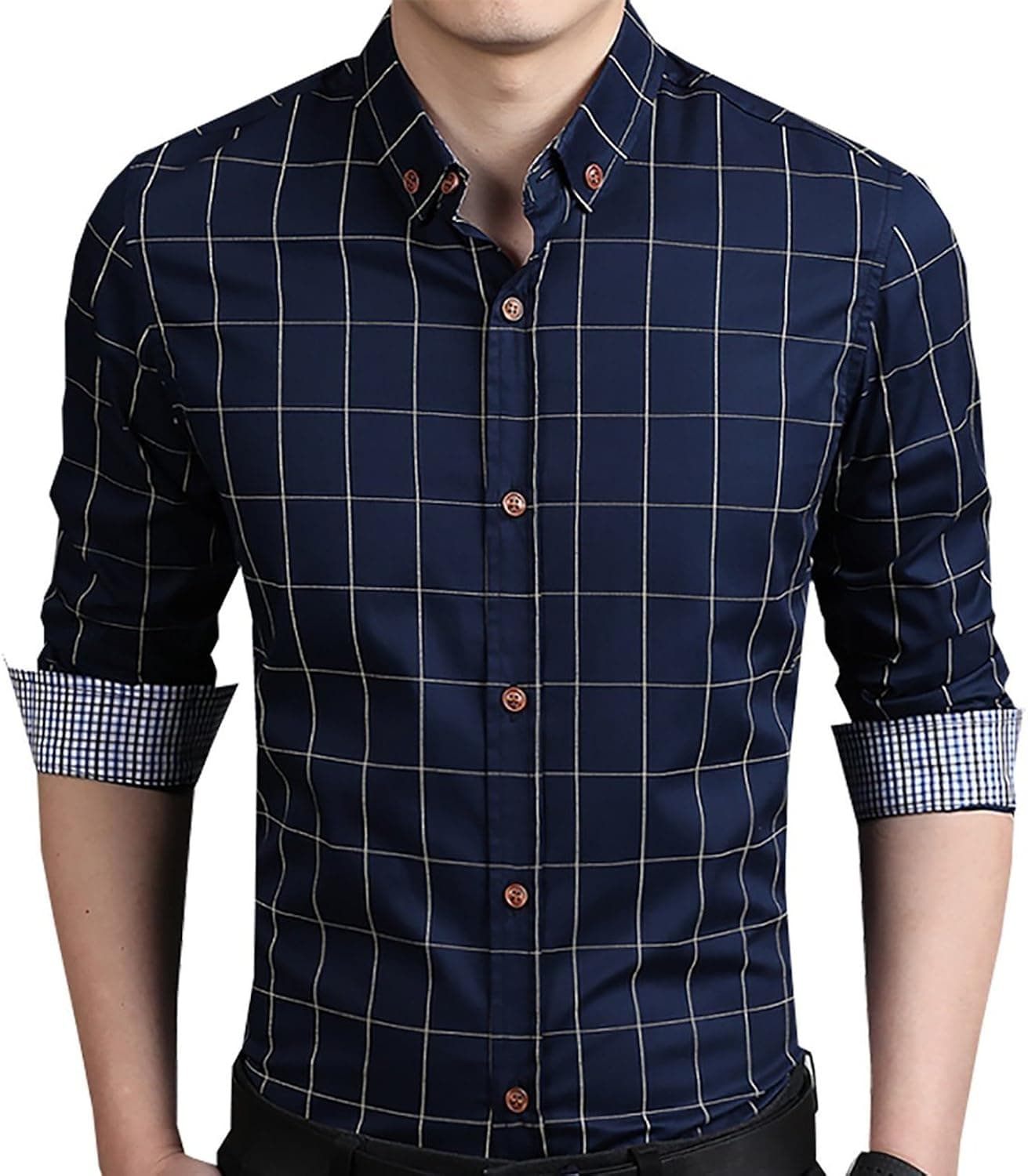 YTD Men's 100% Cotton Long Sleeve Plaid Slim Fit Button Down Dress Shirt