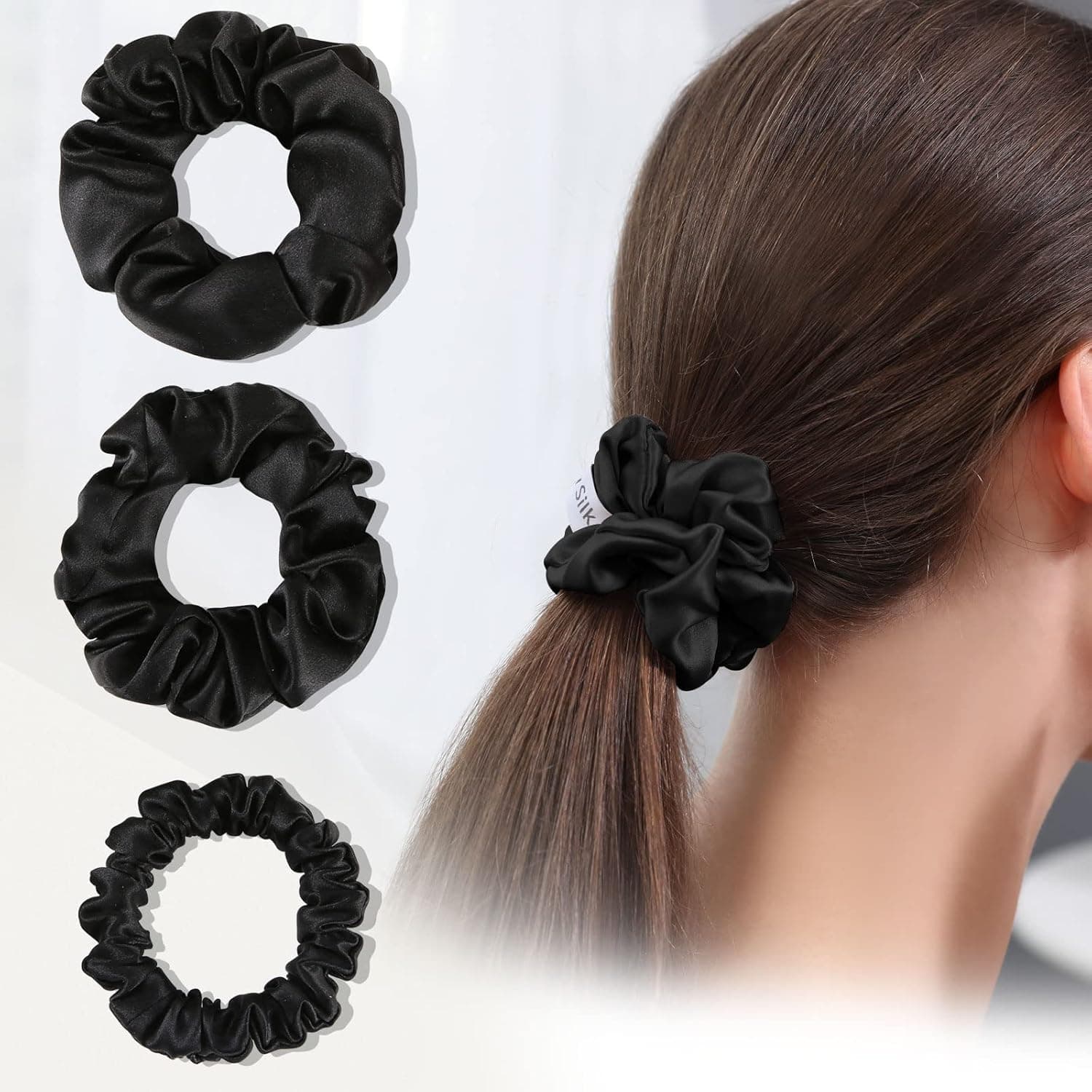 DAISYSILK 22 Momme Mulberry Silk Scrunchies for Hair Sleep 3 pcs Silk Hair Tie for Frizz and Breakage Prevention Thick Silk Scrunchies for Women Cute Girls Without Hair Damage Valentine's Day Gift, Black