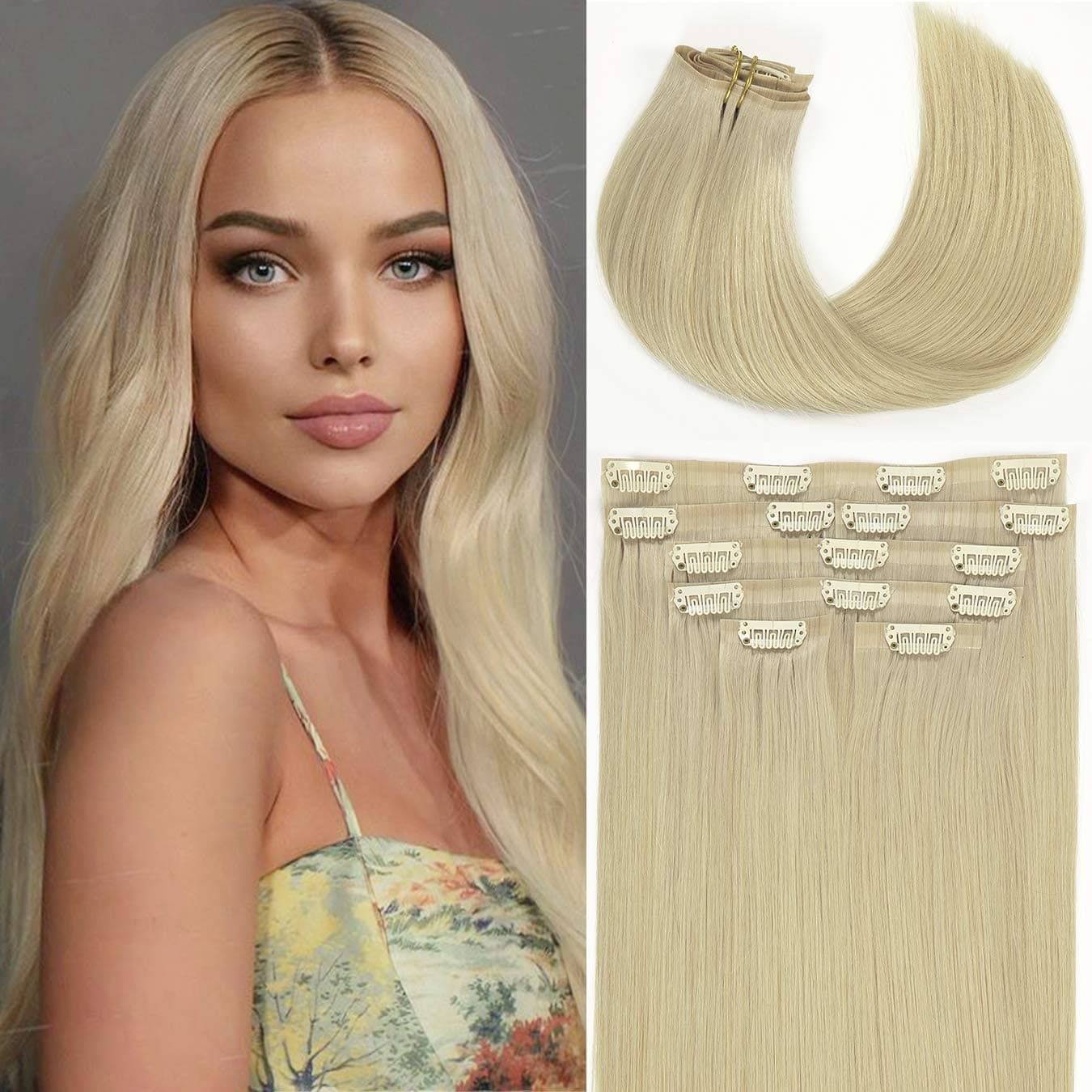 Loxxy Ultra Invisible PU Clip In Hair Extensions Human Hair 14Inch Thick Natural Hair Full Head 7PCS 110Gram Seamless Hair Extensions Clip in Remy Hair for Women Platinum Blonde #60A
