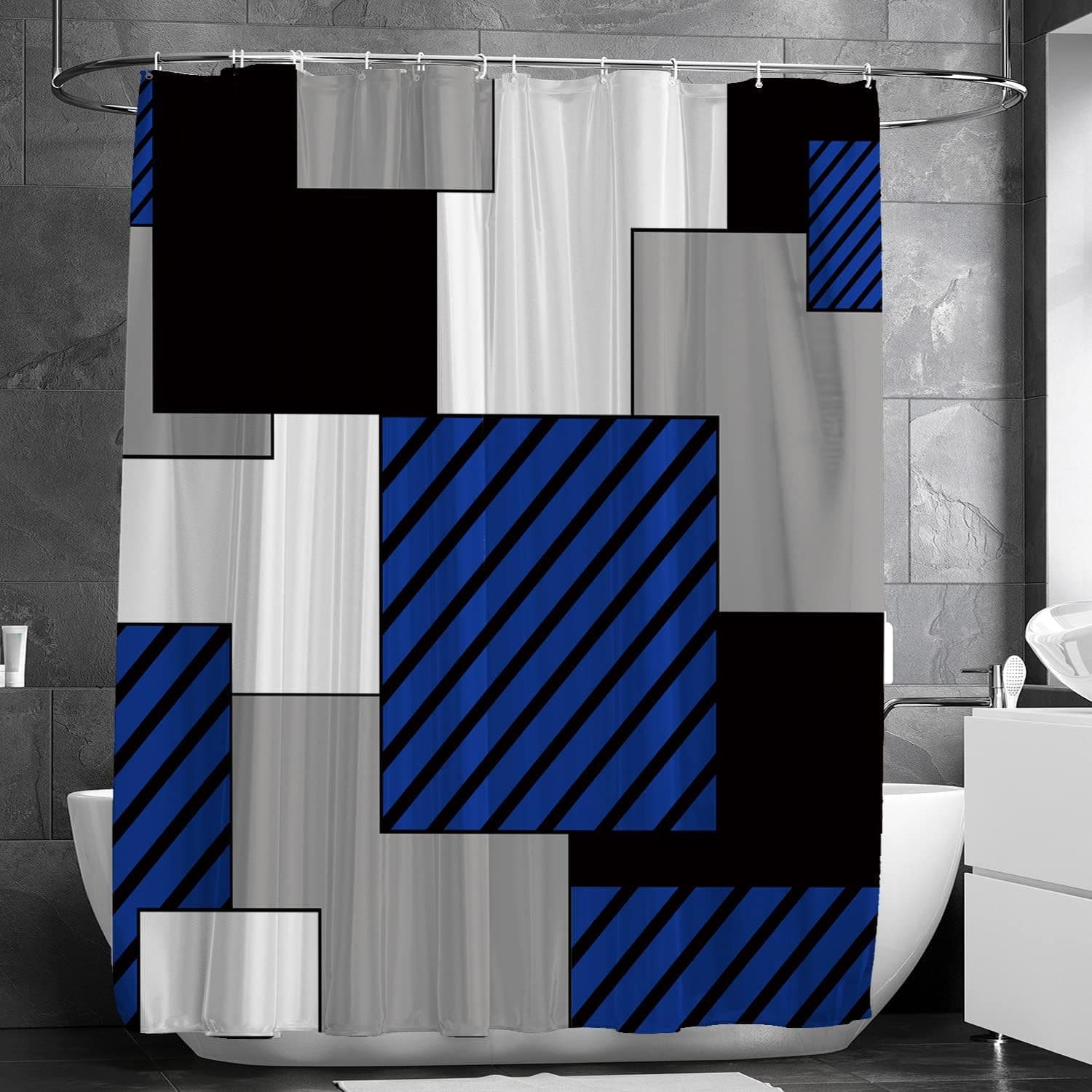 Gulerlall Navy Blue Shower Curtain, Modern Geometric Squares Bathroom Shower Curtain, Black White Gray Shower Curtain Set with 12 Hooks, 72" x 72"