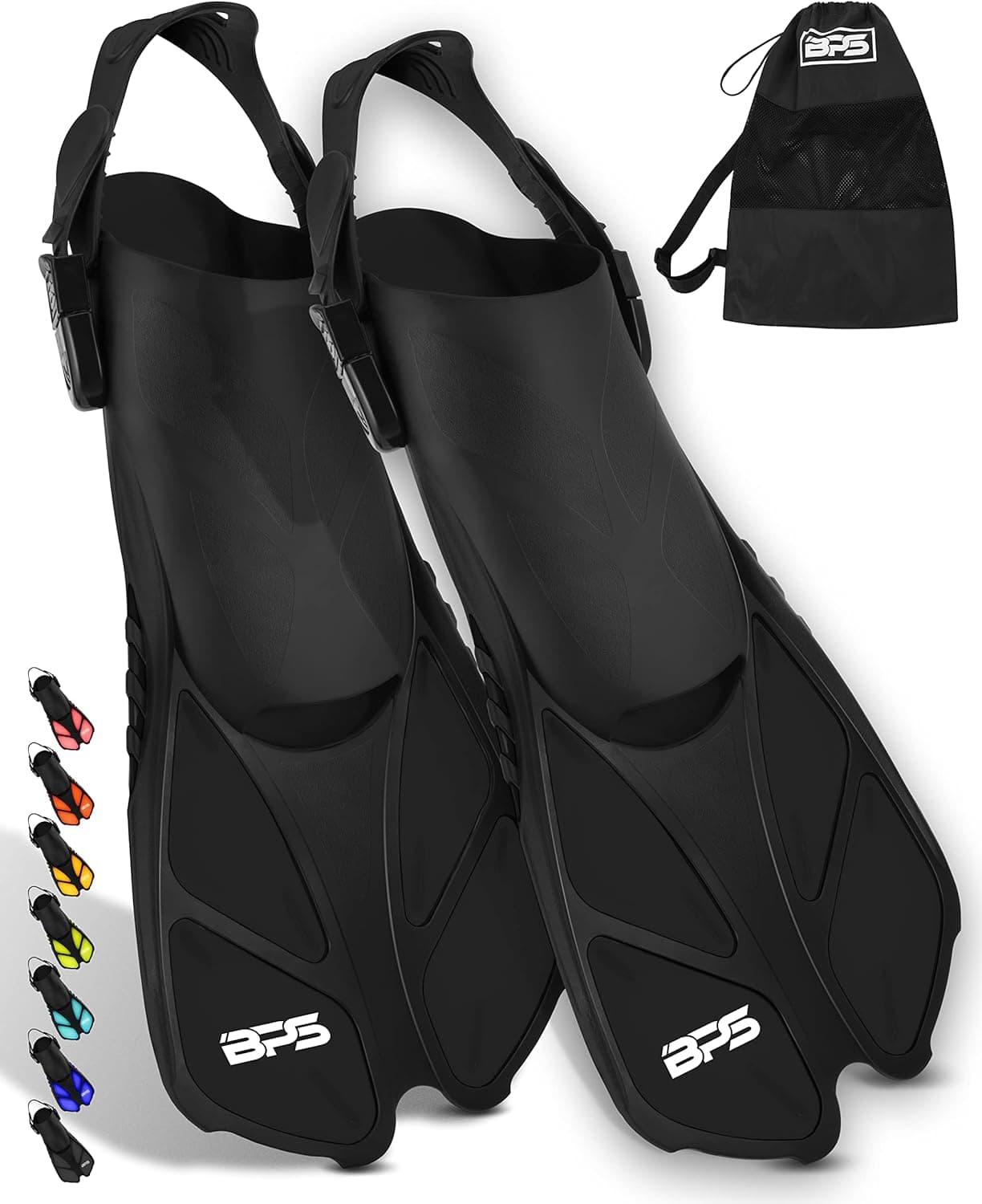 BPS Snorkel Fins, Travel Size Swim Fins Open Heel Adjustable Flippers for Swimming Diving Snorkeling - Men Women