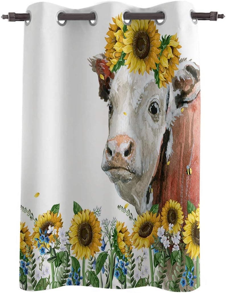Meet 1998 Thermal Insulated Blackout Curtain 52 inch Length Sunflower Cow Window Treatment Rural Scenery Darkening Window Drapery Grommet Curtains for Bedroom Living Room 52 inch Wide