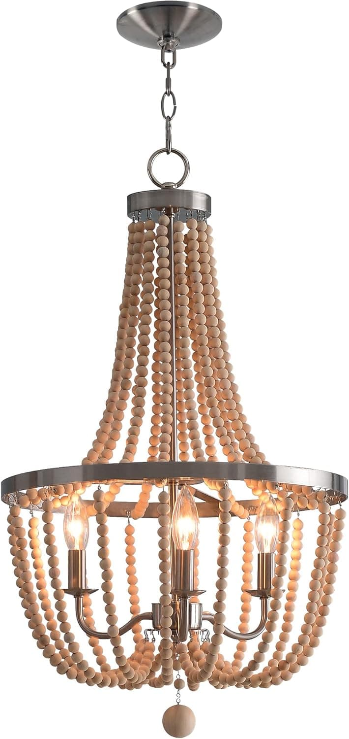 Kenroy Home 93133BS Regas 3 Lt Wood Bead Chandelier, Brushed Steel