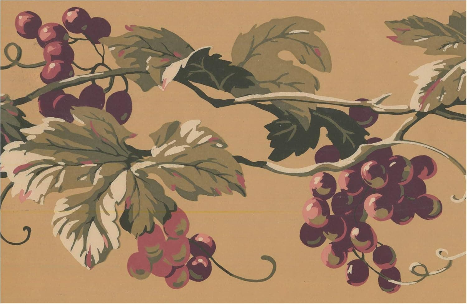 Prepasted Wallpaper Border - Pink Purple Grapes on Vine Mustard Yellow Wall Border Retro Design, Roll 15 ft. x 7 in.