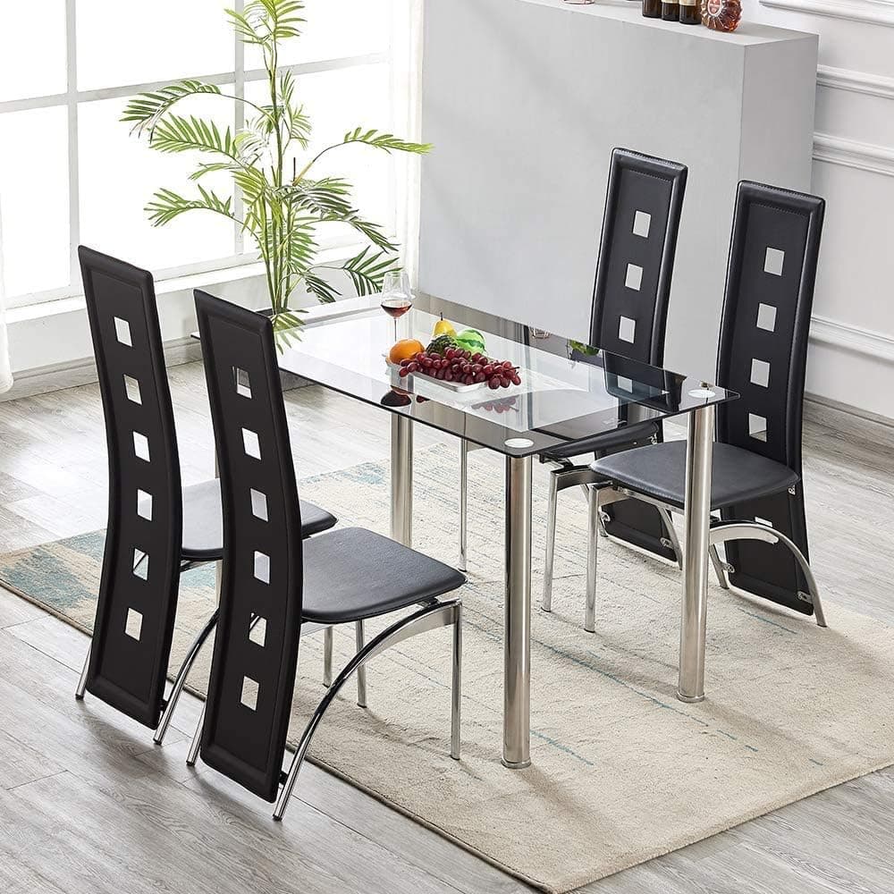 MTFY 5 Piece Dining Room Table Set, Modern Black Dining Table Set for 4, Kitchen Tempered Glass Table with 4 Faux Leather High Back Chairs, Dining Set of 4 for Kitchen Dining Room Dinette