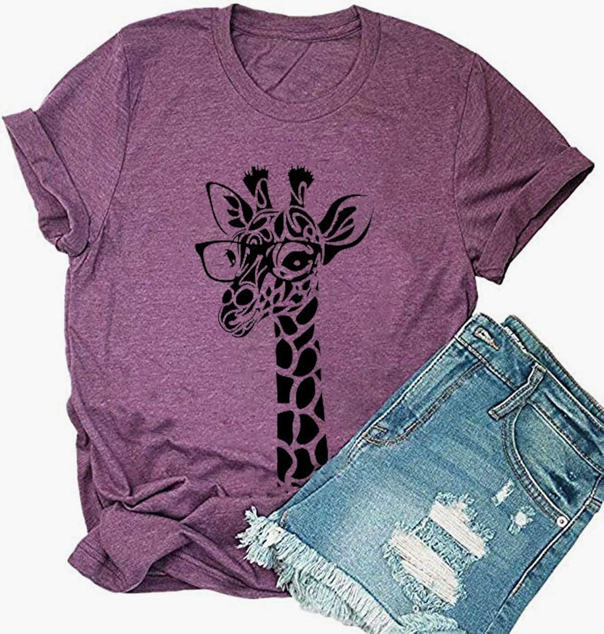Karuina Women's Loose Round Neck Short Sleeve T-Shirt Cute Animal Giraffe Printed Short Sleeve top