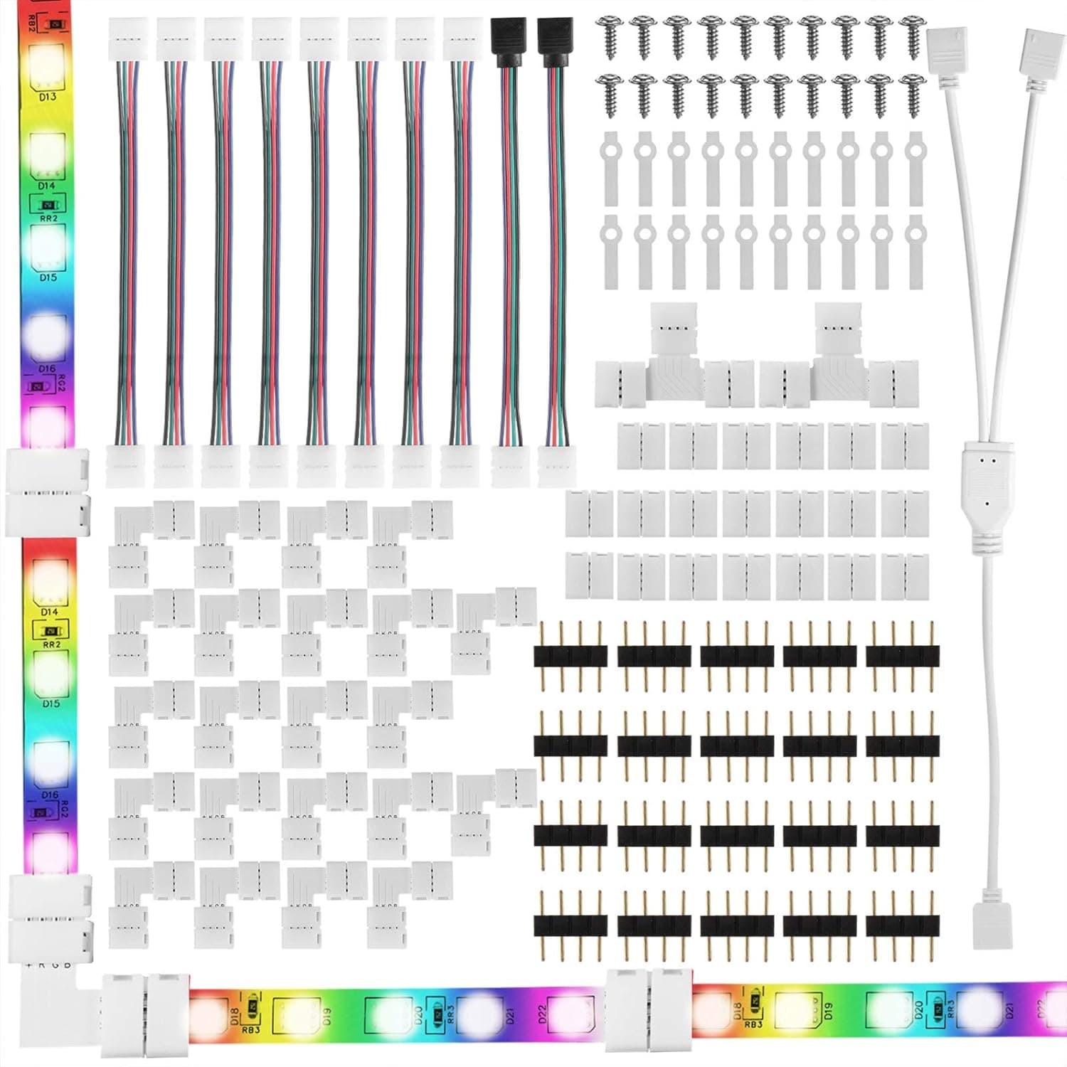115 Pieces LED Strip Connector Kit for 5050 10 mm 4 Pin RGB LED Light Connectors Kit Light Connector Adapters Including Gapless Connectors L-Shape Connectors T-Shape Connectors LED Clips