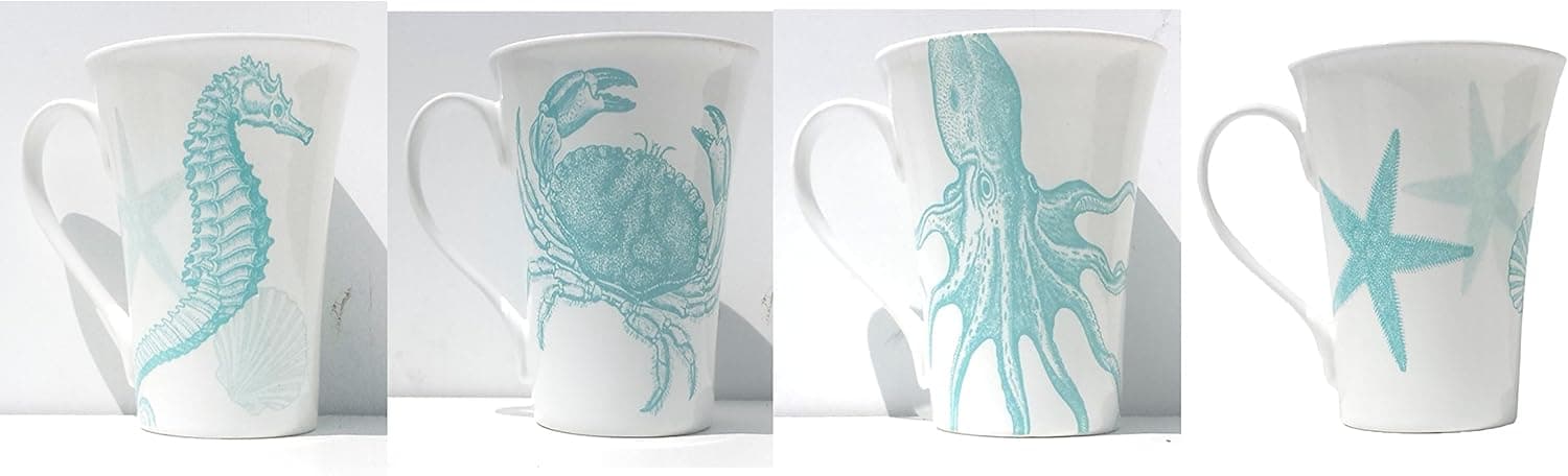 222 Fifth Coastal Life Blue Coffee Mugs Set of 4