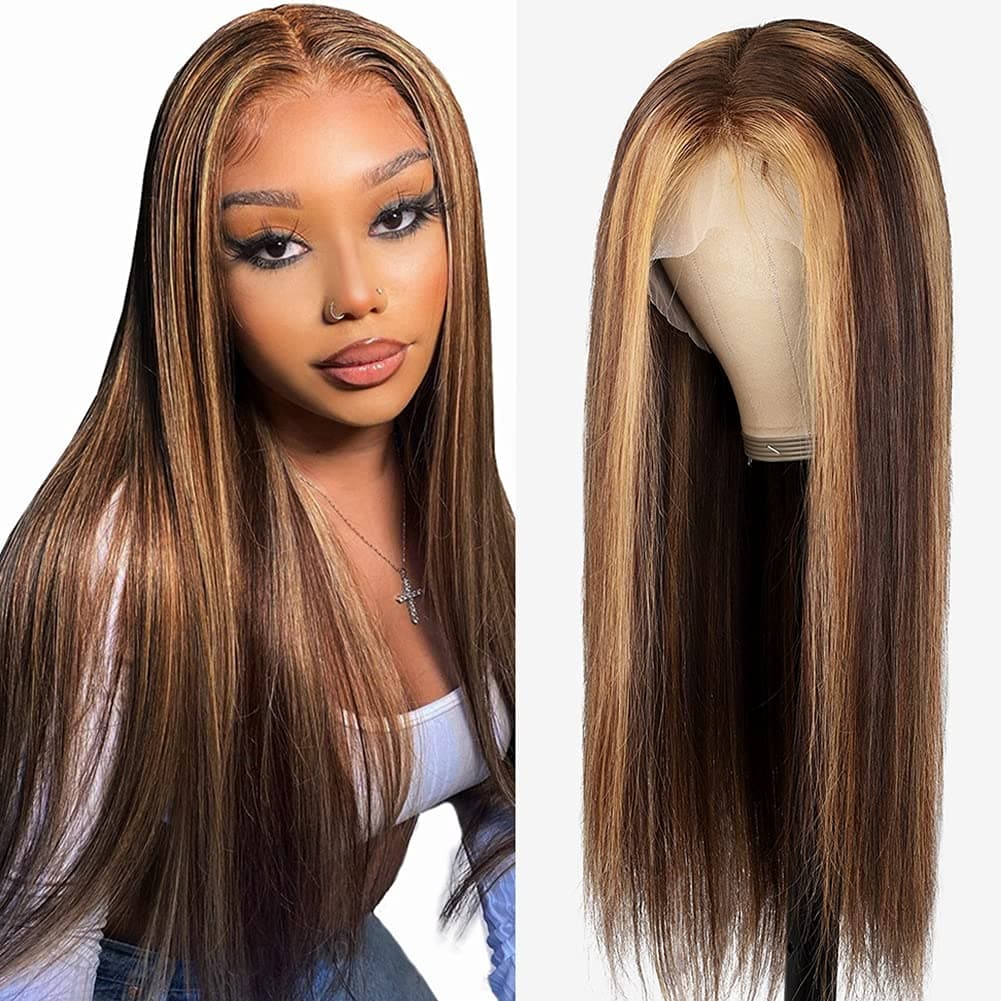 Ali Funmi Ombre Highlight Lace Front Wig Human Hair 4x4 Transparent HD Lace Closure Wigs Pre Plucked With Baby Hair Straight Brazilian Blonde 4/27 Human Hair Wigs 130% Density for Black Women 18 Inch