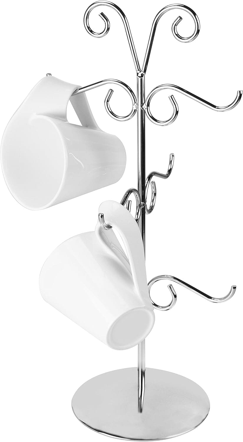 MyGift Deluxe 6 Hook Chrome-Plated Metal Swirl Design Mug Tree, Countertop Cup Hanging Holder