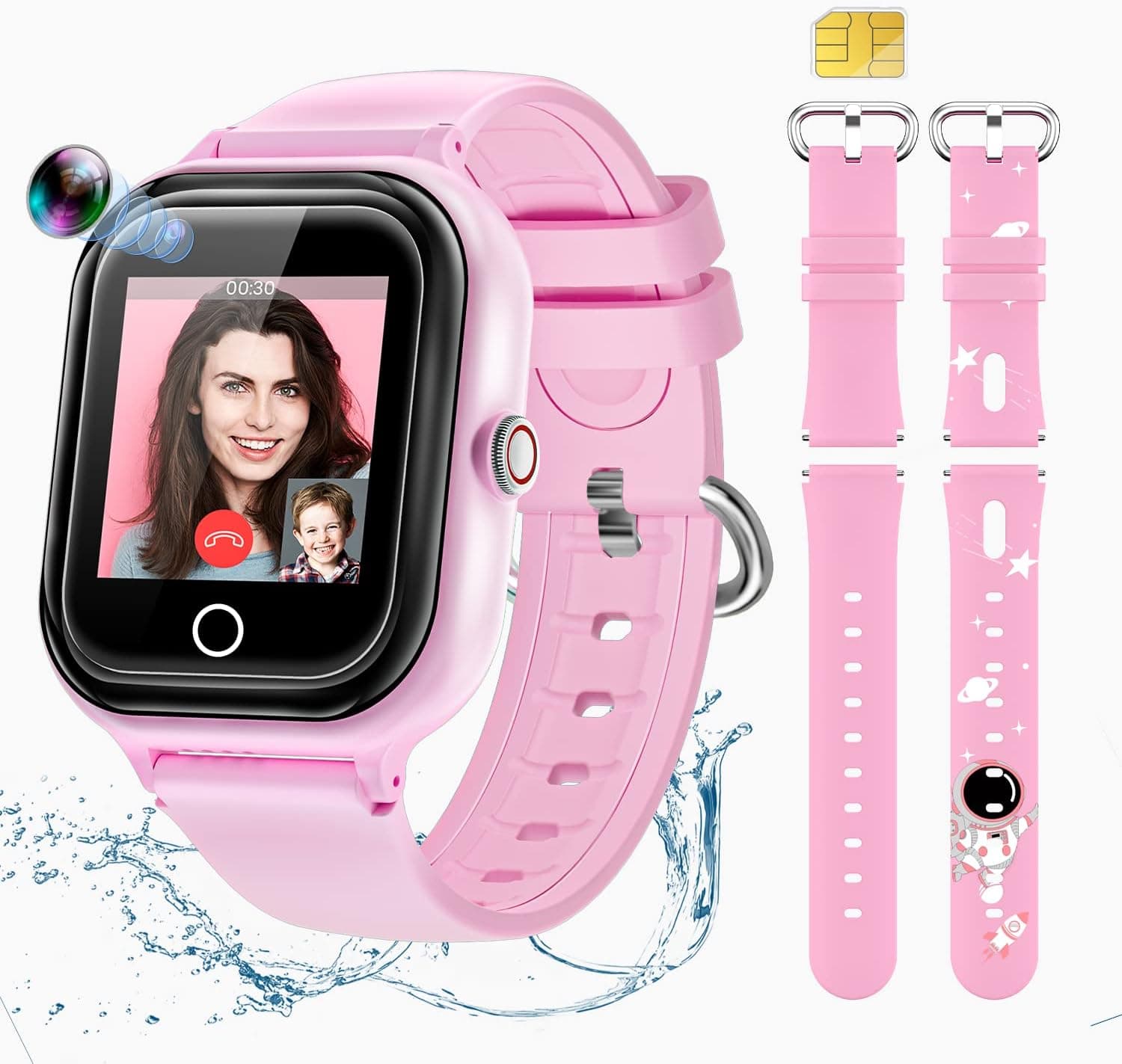 Smart Watch for Kids with SIM Card, 4G Kids GPS Tracker Watch, IP67 Waterproof 2 Way Call Video & Voice Chat SOS Pedometer, Kids Cell Phone Watch Christmas Birthday Gifts for 3-15 Boys Girls (80-Pink)
