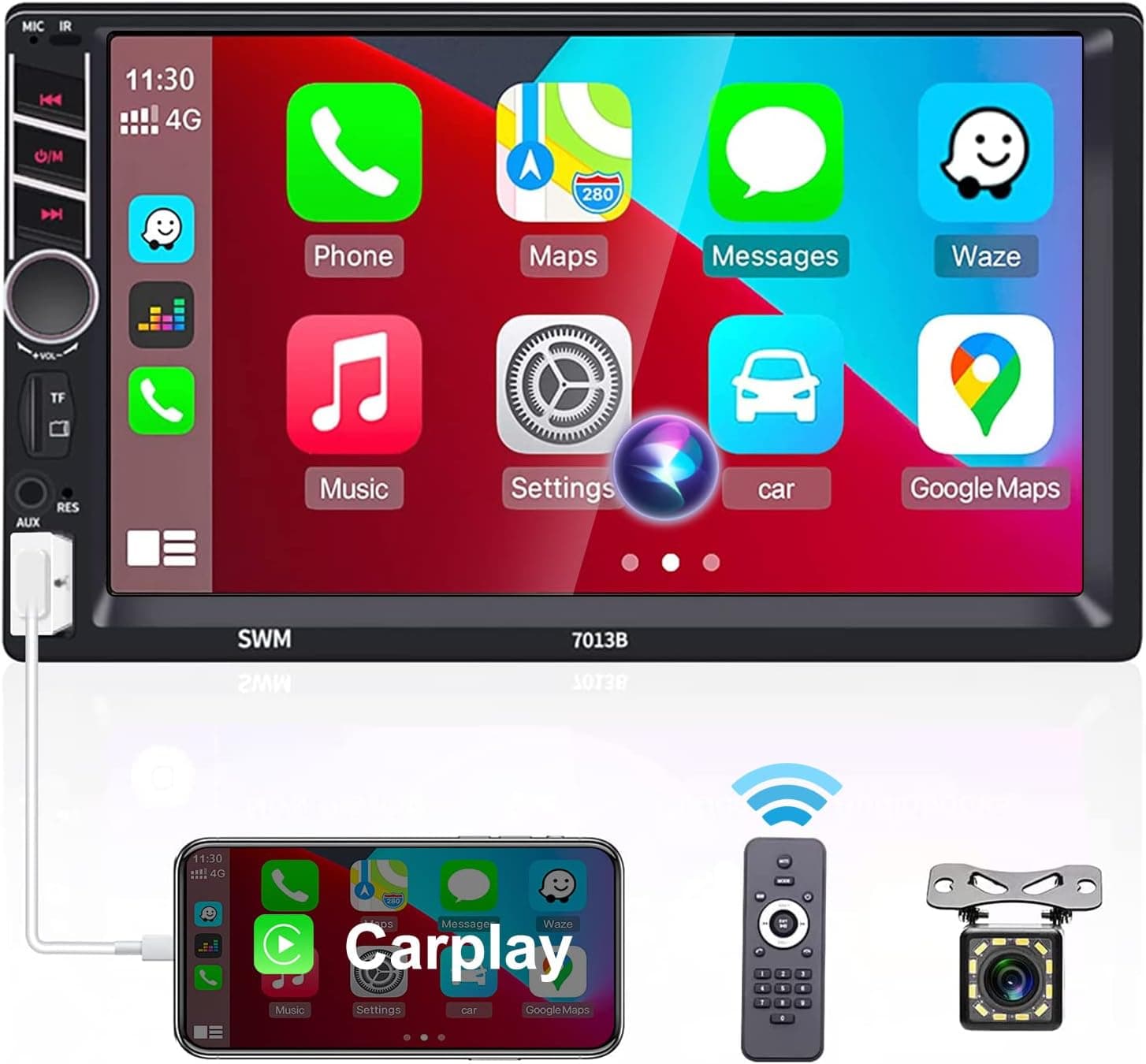 CAMECHO Double Din Car Stereo with Apple Carplay 7 Inch Touch Screen Car Radio Bluetooth Multimedia Player with Hands-Free Calling Mirror Link FM Radio SWC Support USB TF AUX + Backup Camera