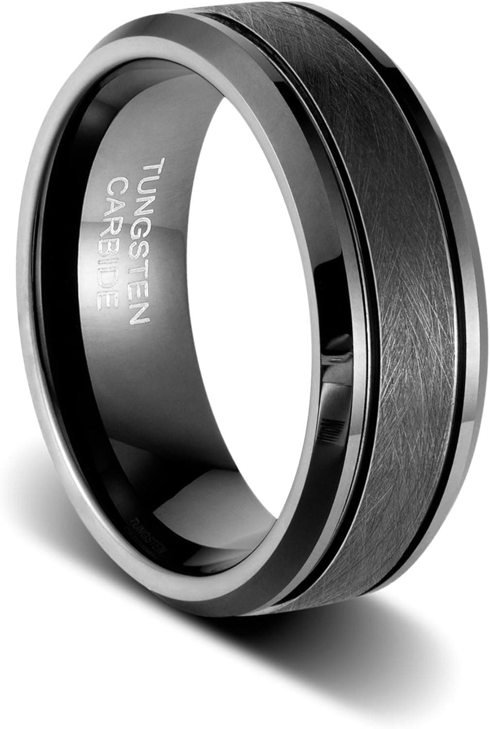 TUSEN JEWELRY 8mm Handle Brushed Two Grooved Black Polished Beveled Edges Tungsten Wedding Band Ring