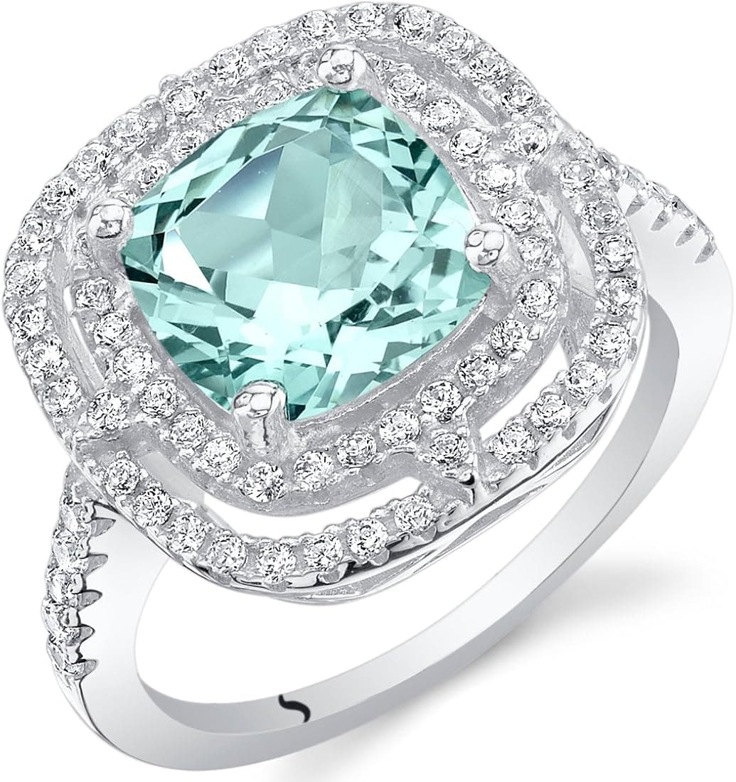 Peora Simulated Paraiba Tourmaline Ring in Sterling Silver, 3 Carats total Cushion Cut, Double Halo, Comfort Fit, Sizes 5 to 9