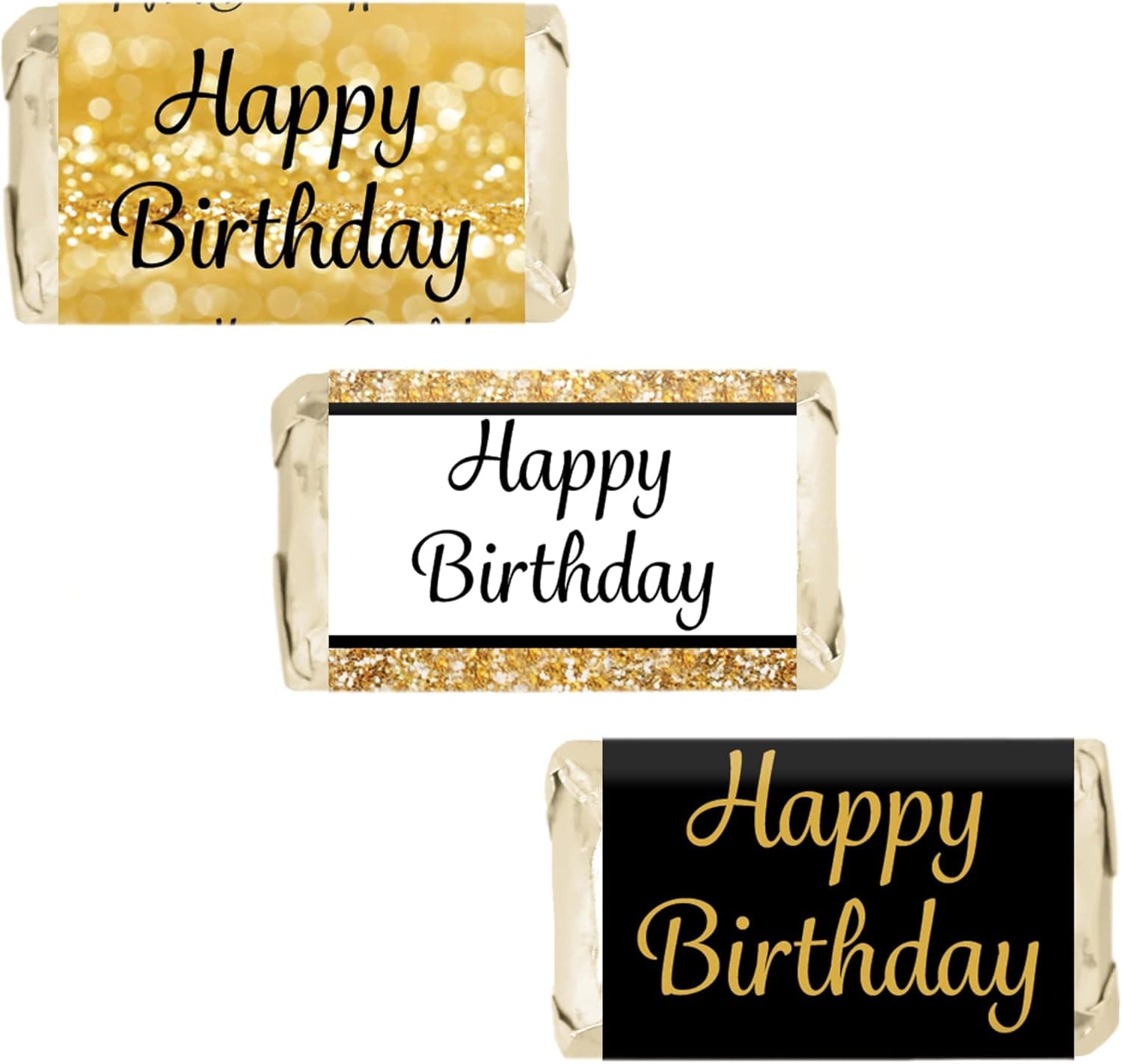 Happy Birthday Party Miniatures Candy Bar Wrapper Stickers - Gold and Black - 45 Count