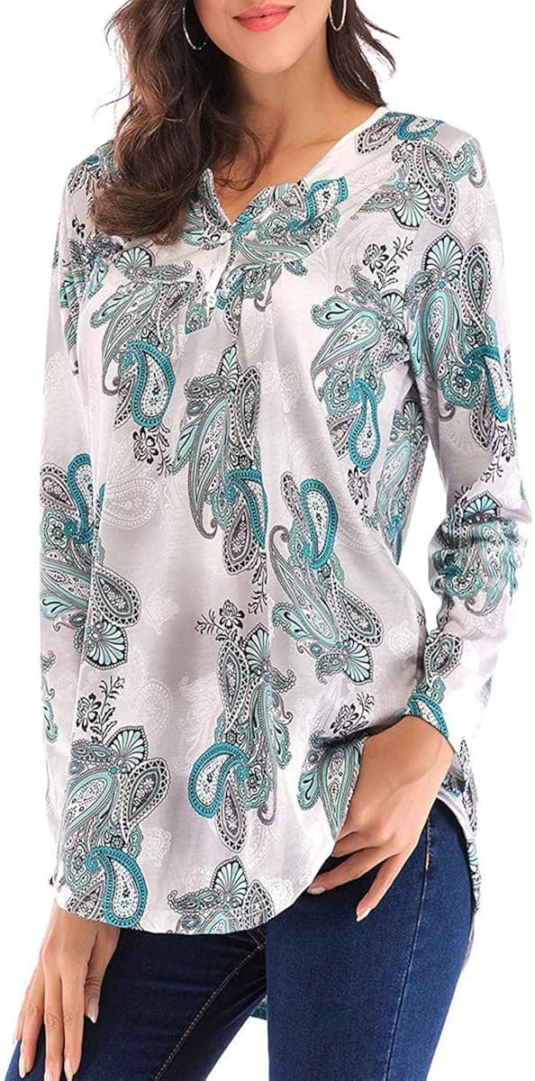 Women's Printed Long Sleeve V Neck Pleated Casual Henley Blouse Shirt Tops
