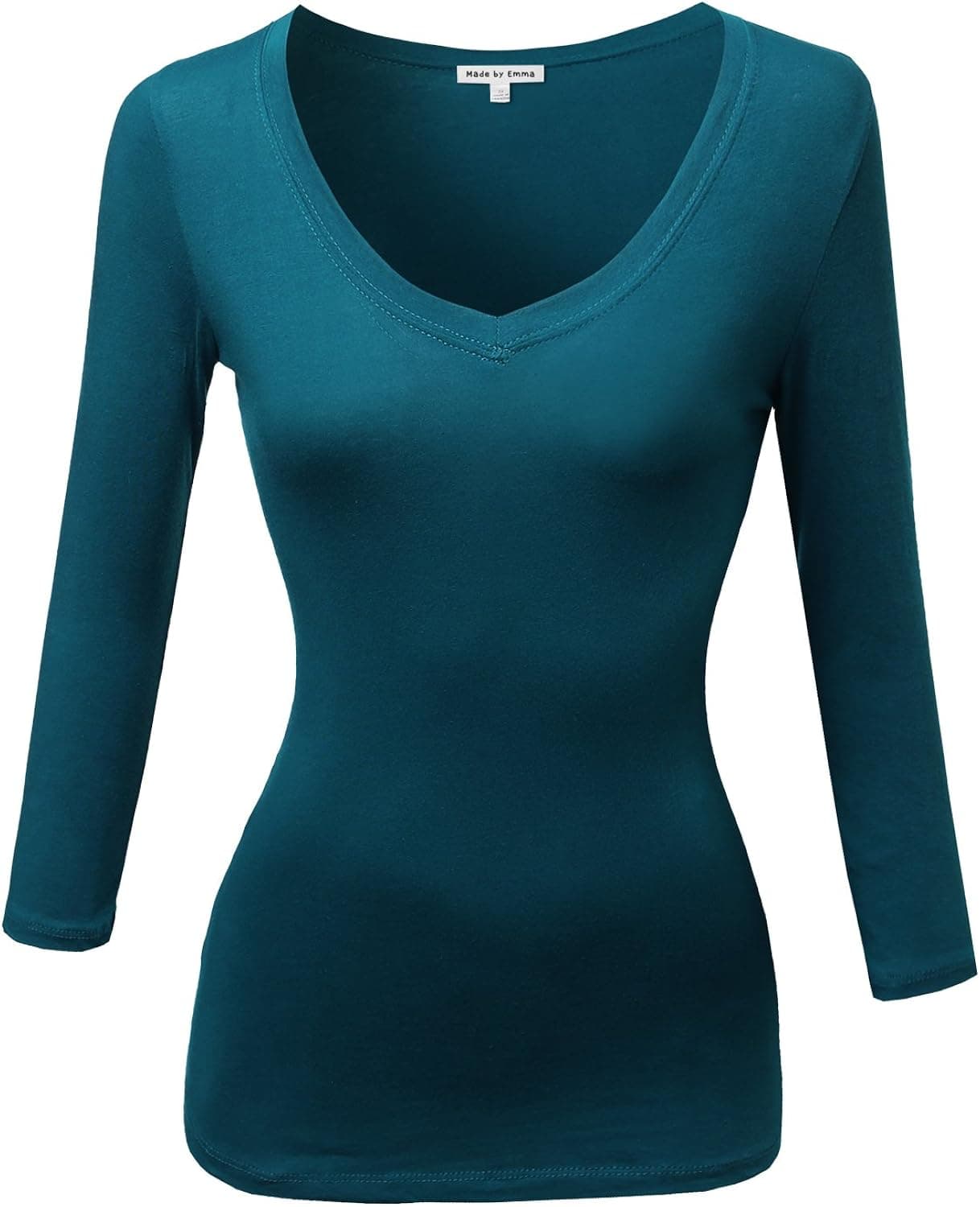 Women's Junior Classic Cotton-Blend 3/4 Sleeve V-Neck Top