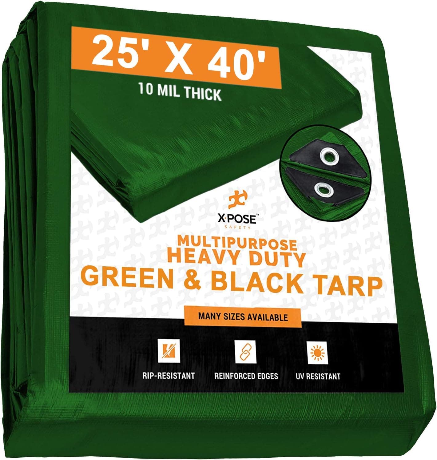 Heavy Duty Poly Tarp 25 Feet x 40 Feet 10 Mil Thick Waterproof, UV Blocking Protective Cover - Reversible Silver and Black - Laminated Coating - Grommets - by Xpose Safety