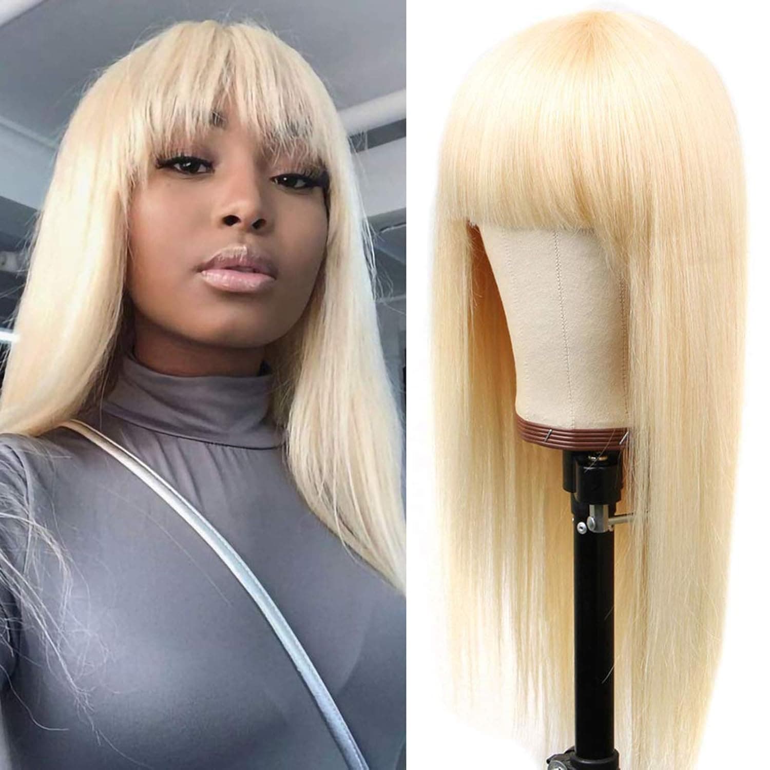 613 Human Hair Wigs With Bangs Pre Plucked Blonde Glueless Natural Hairline None Lace Wig Can Be Dyed Peruvian Straight Hair Wig For Women 150 Density (16 inch, 613 straight wig with bangs)