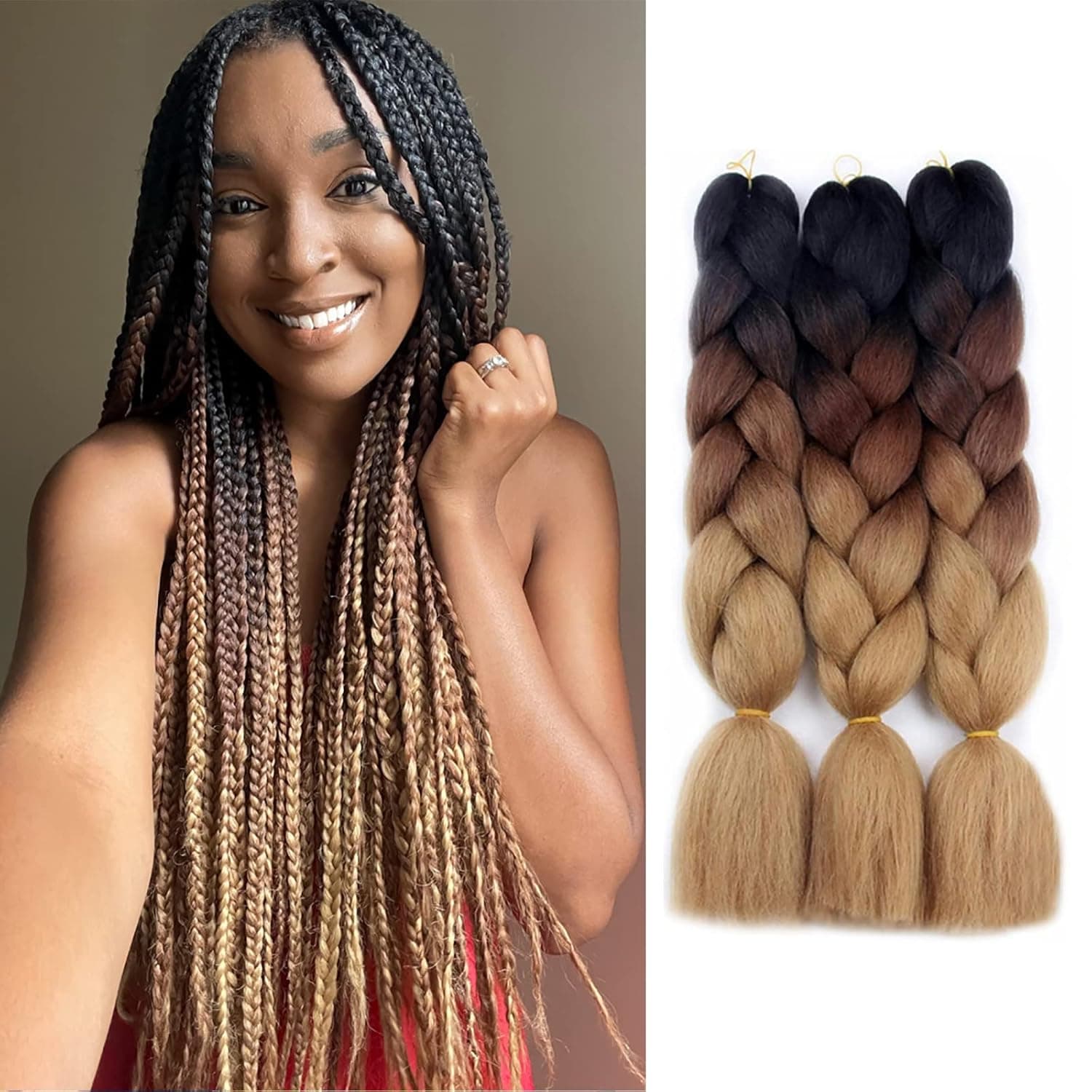 Ombre Braiding Hair 24 Inch Ombre Jumbo Braiding Hair 3 Packs Ombre Kanekalon Synthetic Braiding Hair Extensions for Braiding.(3 Packs,Black-Dark Brown-Light Brown)