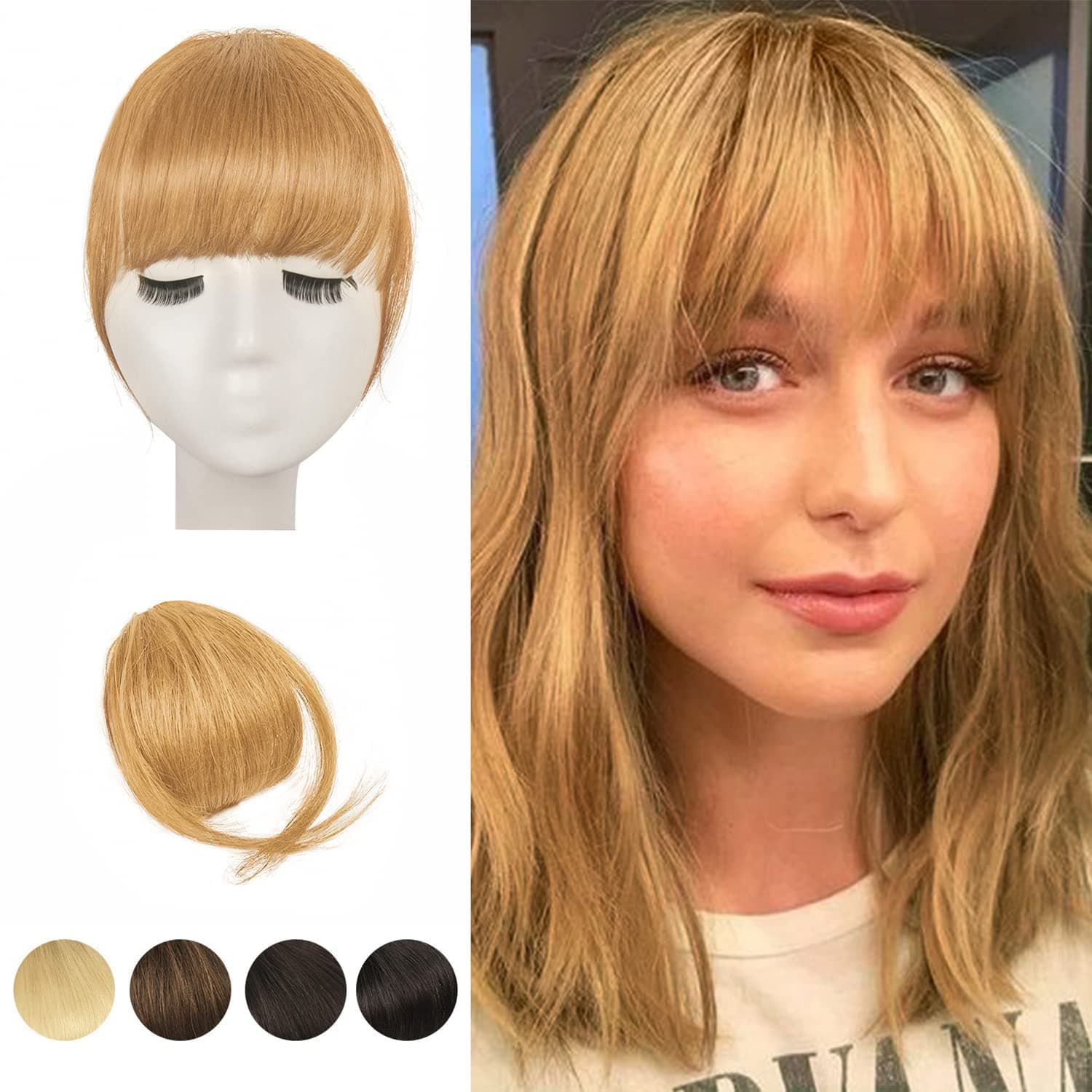 Clip in Bangs, BARSDAR 100% Human Hair Bangs Extensions French Bangs Neat Bangs Air Bangs with Temples Clip on Fringe Bangs Real Hair for Women Natural Color Washable/Dyeable(Neat-Ginger Blonde)