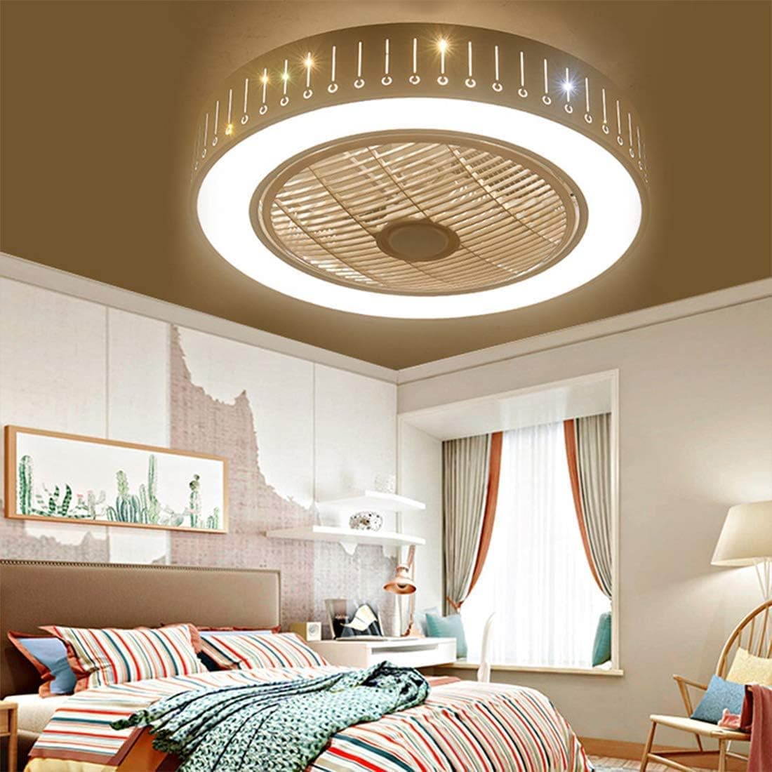 Modern Ceiling Fan Lights with Remote Control Flush Mount, LED Fan Lamps Invisible Dimming 3 Colors Lighting, Home Dining Room Bedroom Living Ceiling Lights