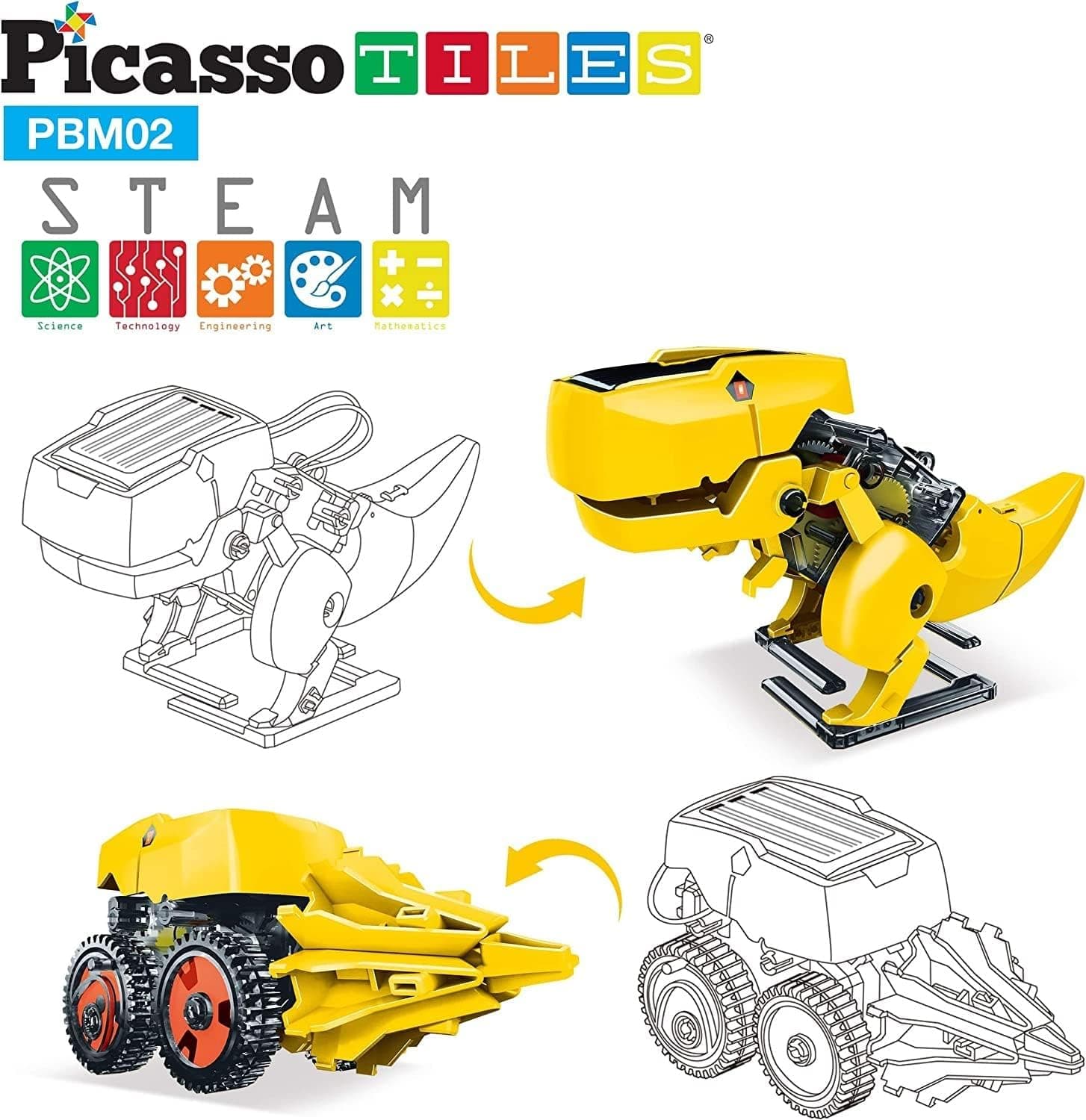 PicassoTiles STEM Kids Solar Powered Dinosaur Robot Educational Learning Engineering Building Toy 3-in-1 Creative Unique Transformation Renewable Sun Energy Science Experiment DIY Kit Boy Girl Age 8+