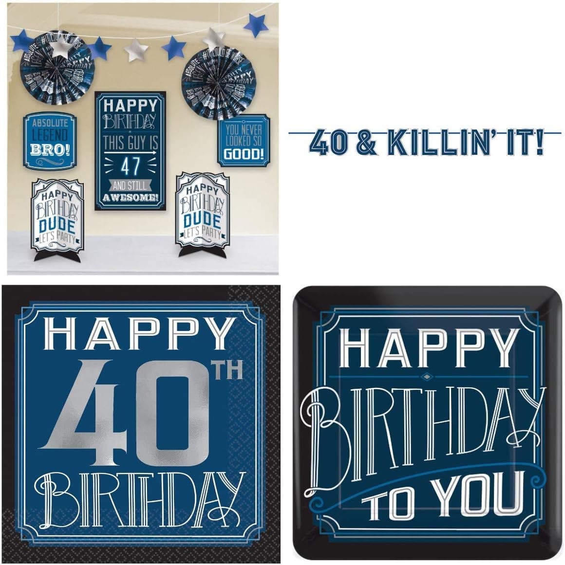 Masculine Guy Happy 40th Birthday Party Pack - Room Decorating Kit, Plates, Napkins, and a Banner - Serves 16 Guests